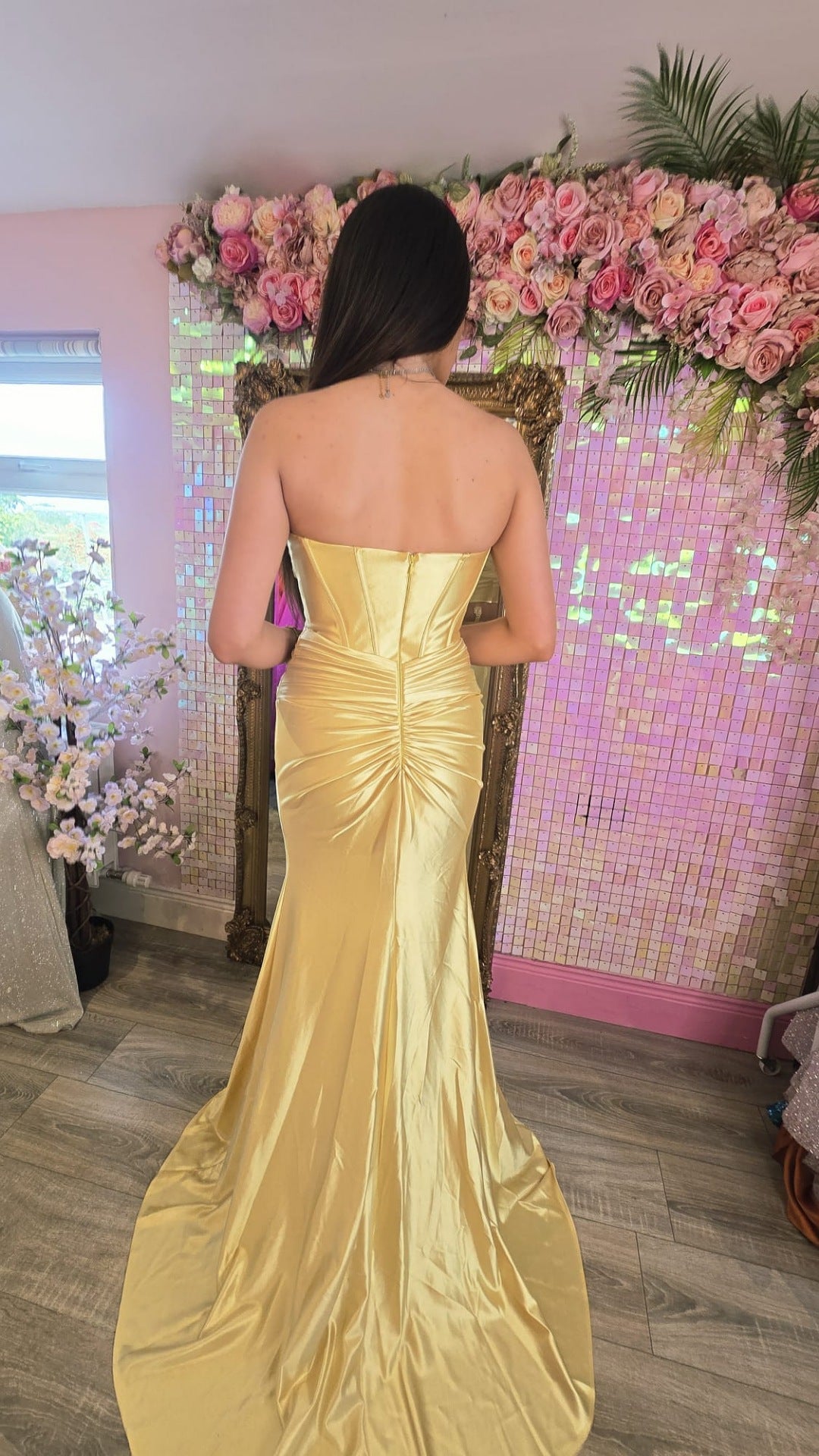 Aisha Lemon Yellow Satin Ruched Corset Strapless Side Legsplit Formal Prom Dress