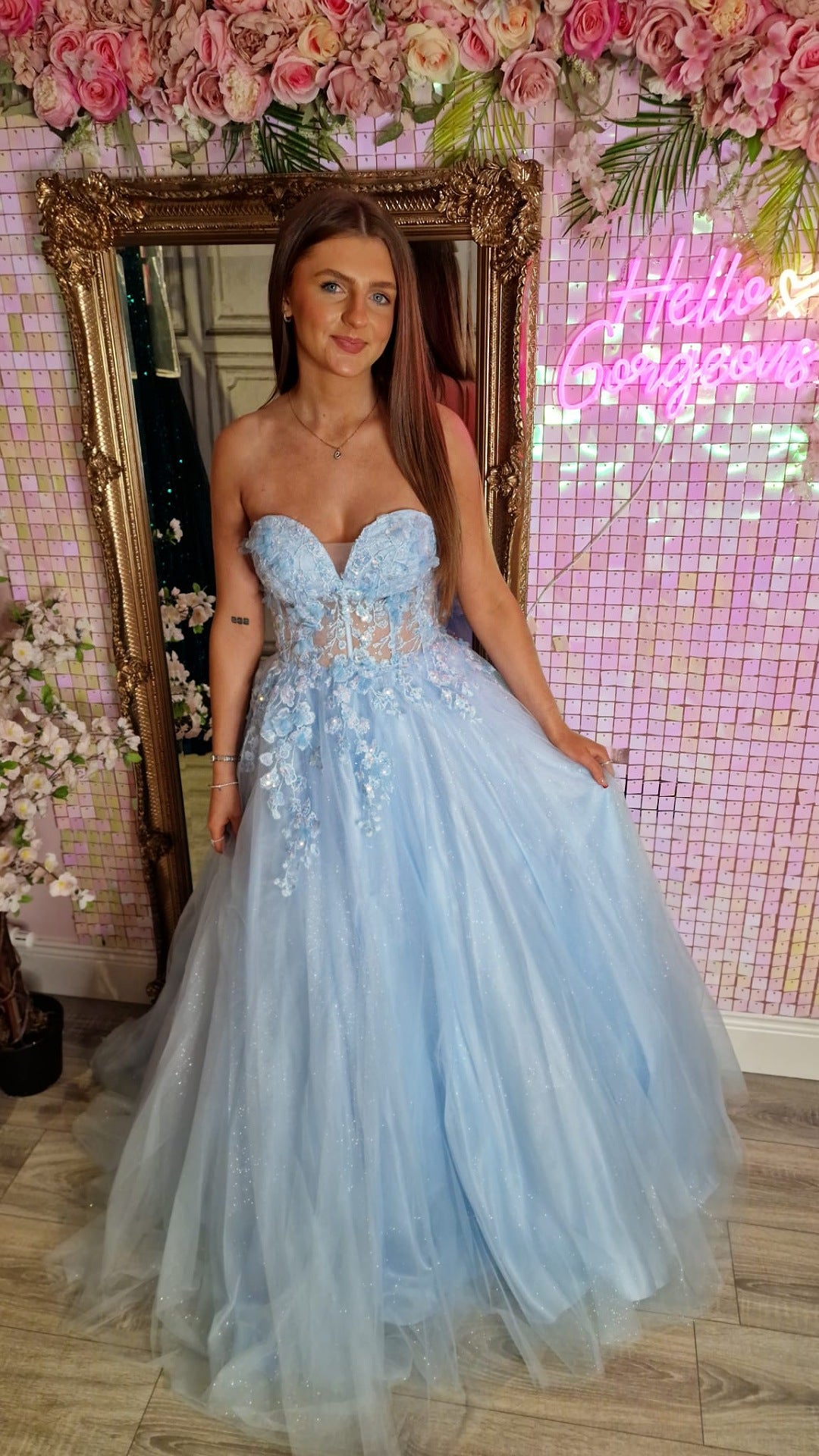 Ellen Light Blue Strapless Flower Detail Ball Gown Formal Prom Dress