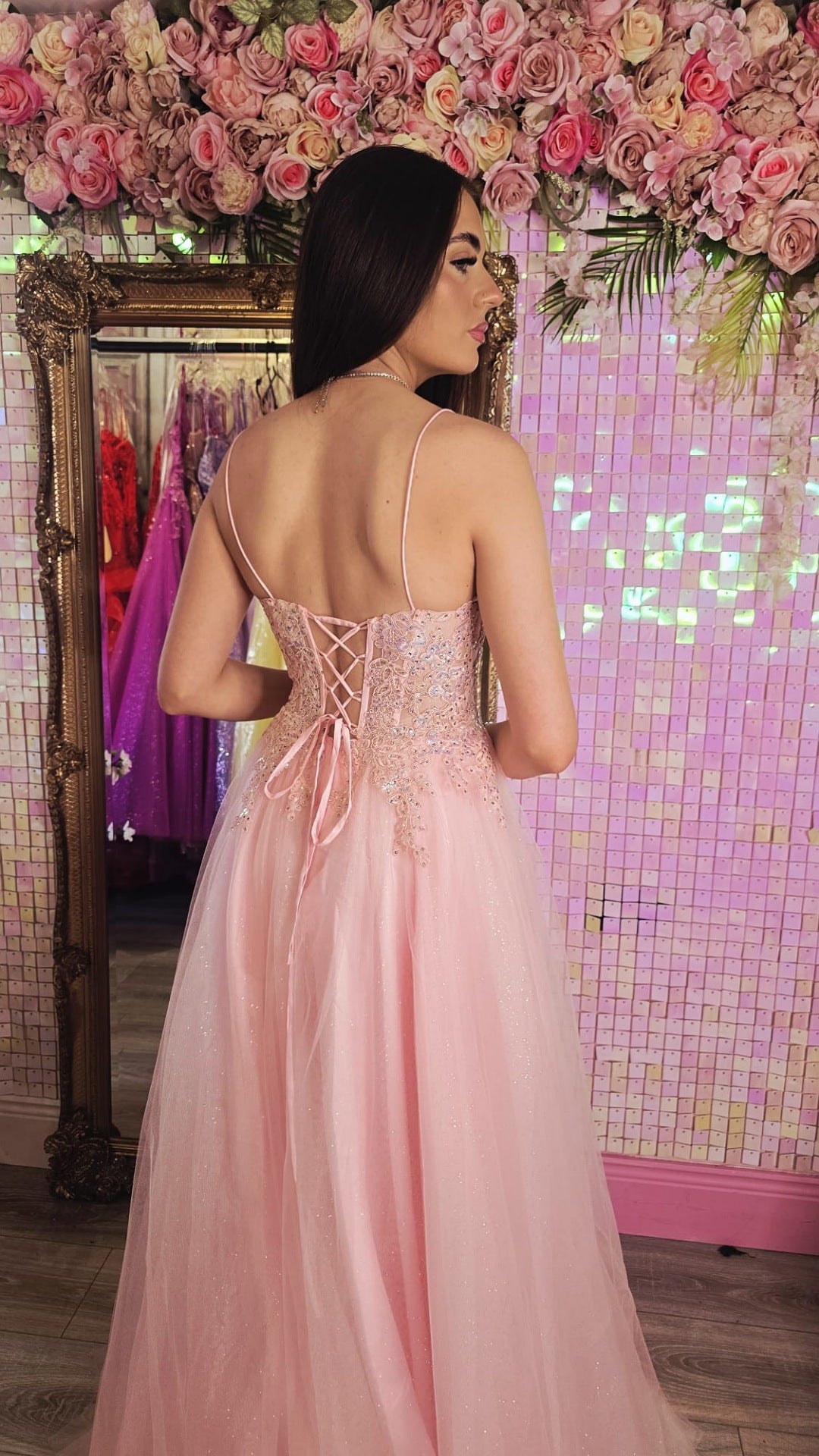 Cliona Baby Pink Leg Split Mesh Insert Laced Up Back Ballgown Formal Prom Dress