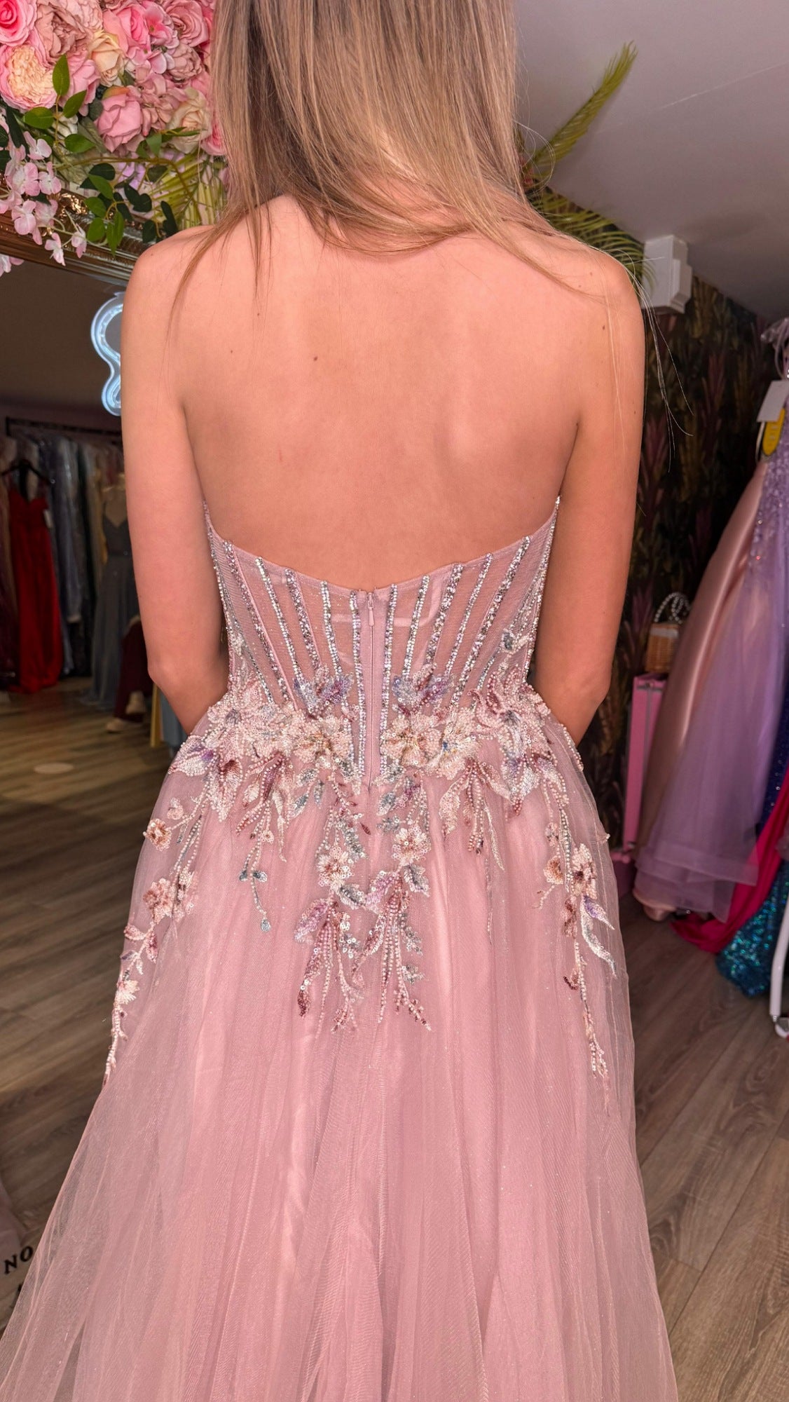Delta Mauve Laced Corset Flower Detail Ballgown Formal Prom Dress Ball Gown