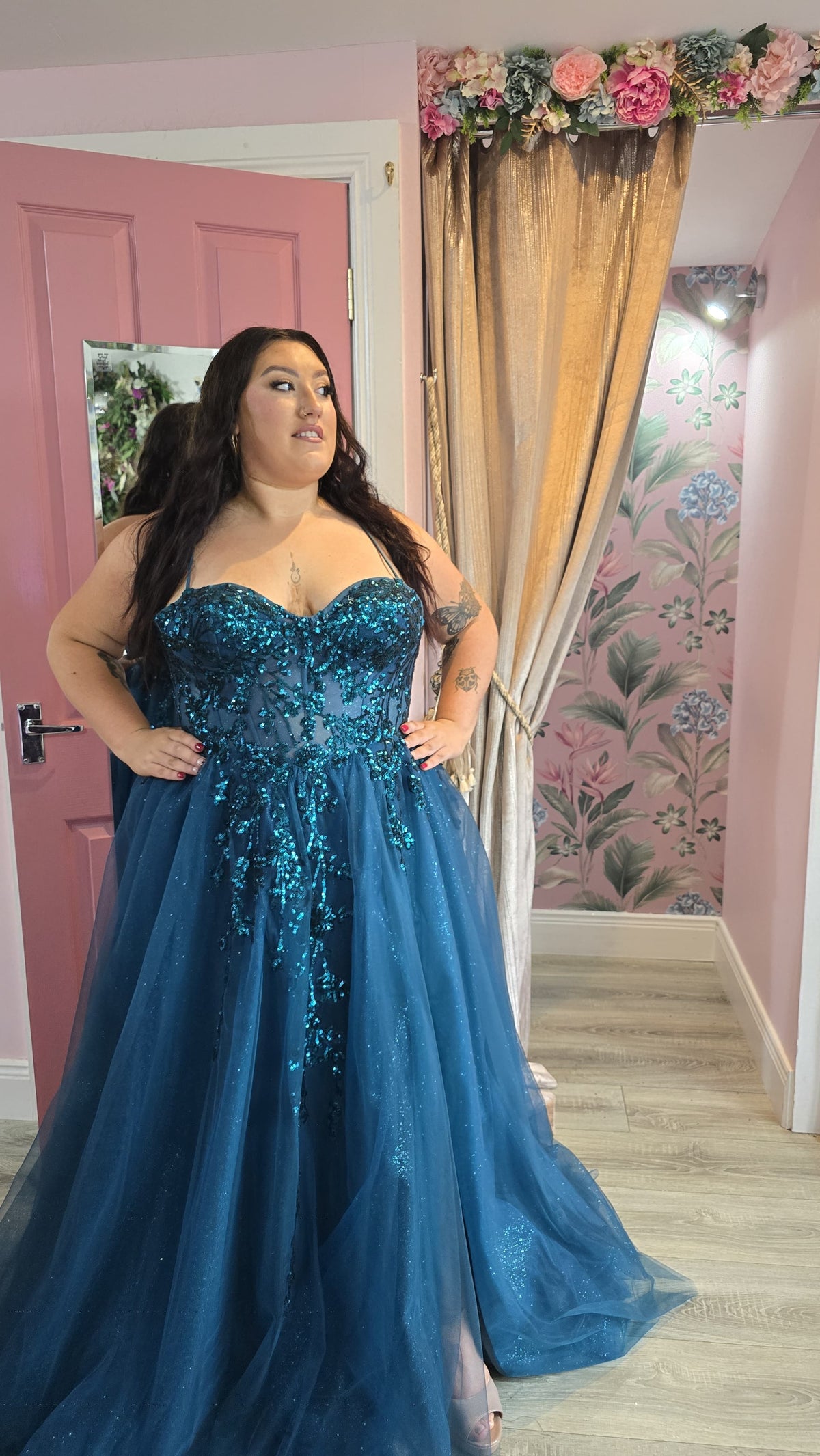 Lia Teal Blue Sparkling Sequined Embroidery Bodice And Tulle Skirt Ballgown Formal Prom Dress Ball Gown