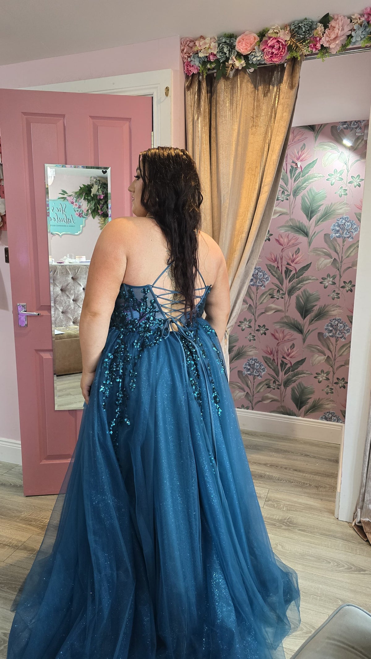 Lia Teal Blue Sparkling Sequined Embroidery Bodice And Tulle Skirt Ballgown Formal Prom Dress Ball Gown