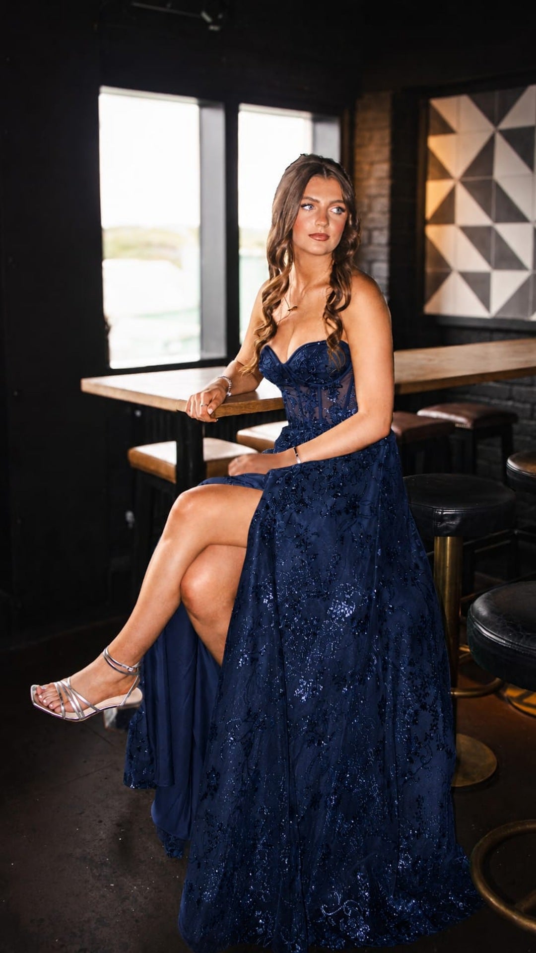 Astrid Indigo Navy Strapless Mesh Bodice Formal Prom Dress