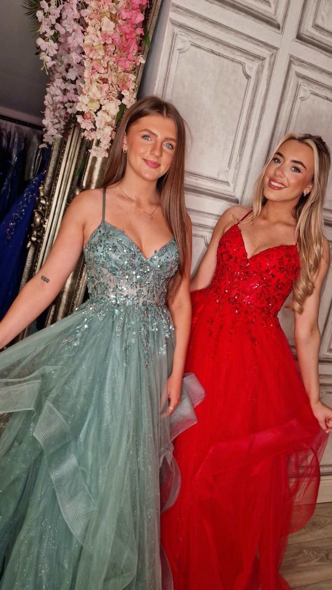 Grace Green Skinny Straps Embellished Layered Ball Gown Skirt Formal Prom Dress