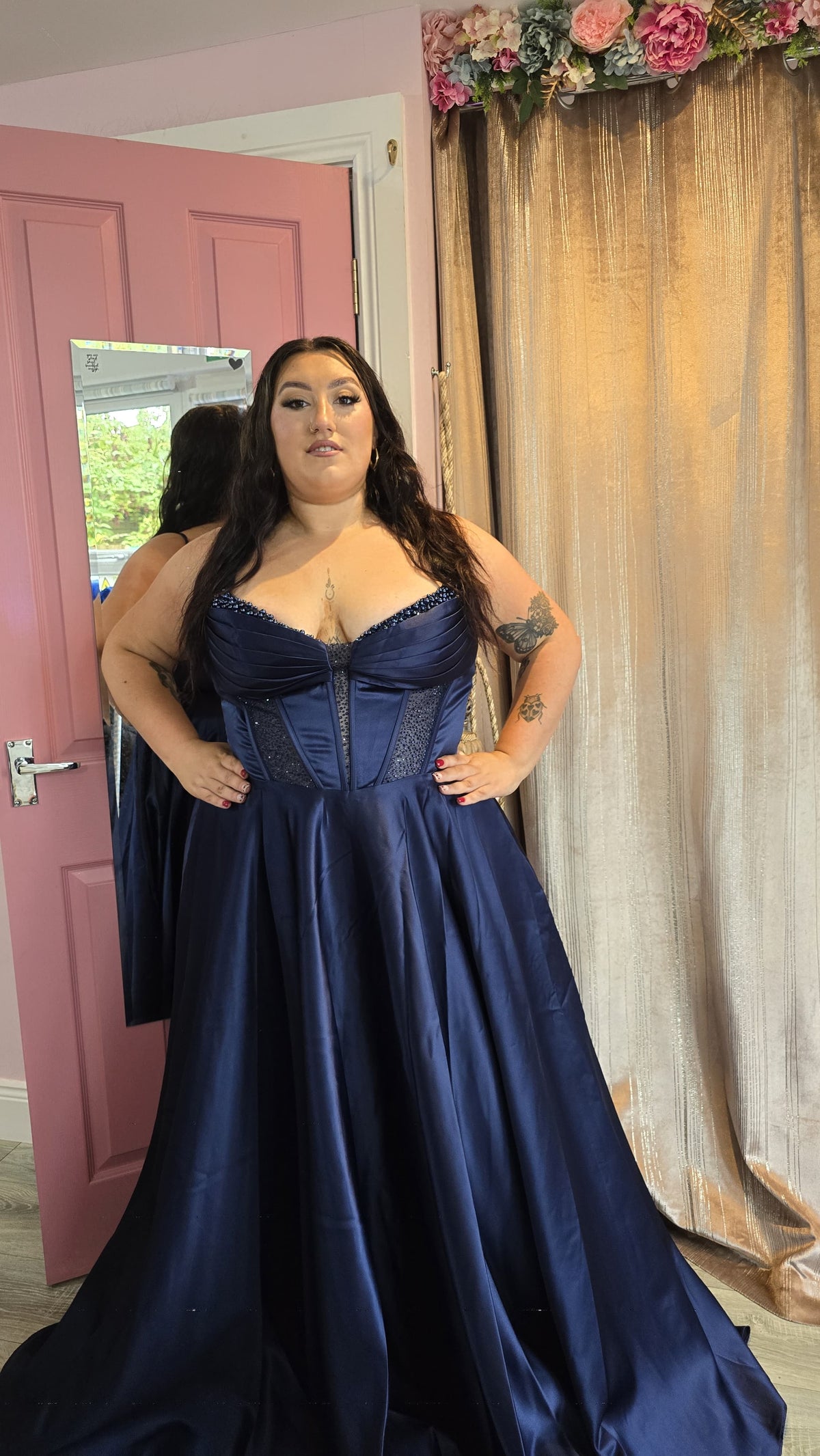 Danielle Navy Satin Corset Style Bodice  Ballgown Formal Prom Dress Ball Gown