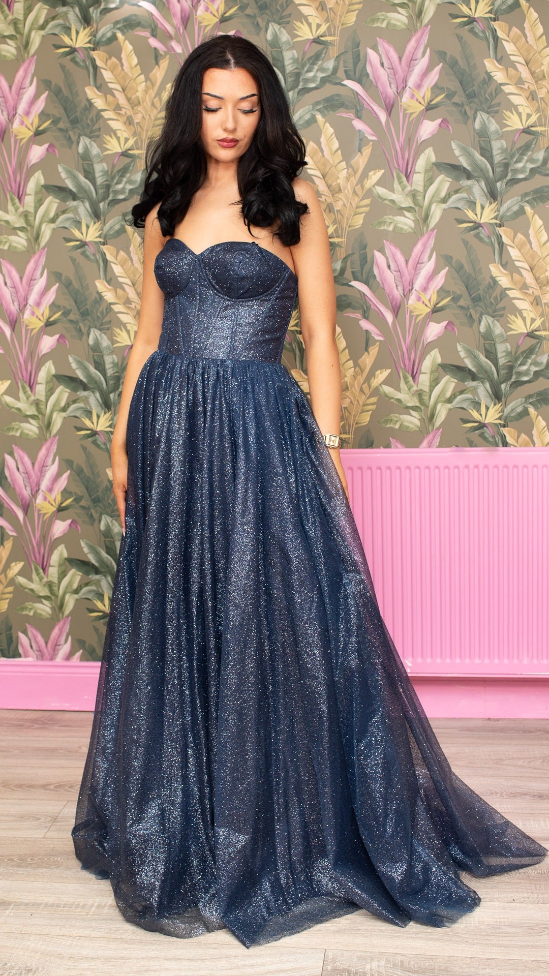 Alyssa Navy Sparkle Material Strapless Leg Split Ballgown Formal Prom Dress Ball Gown