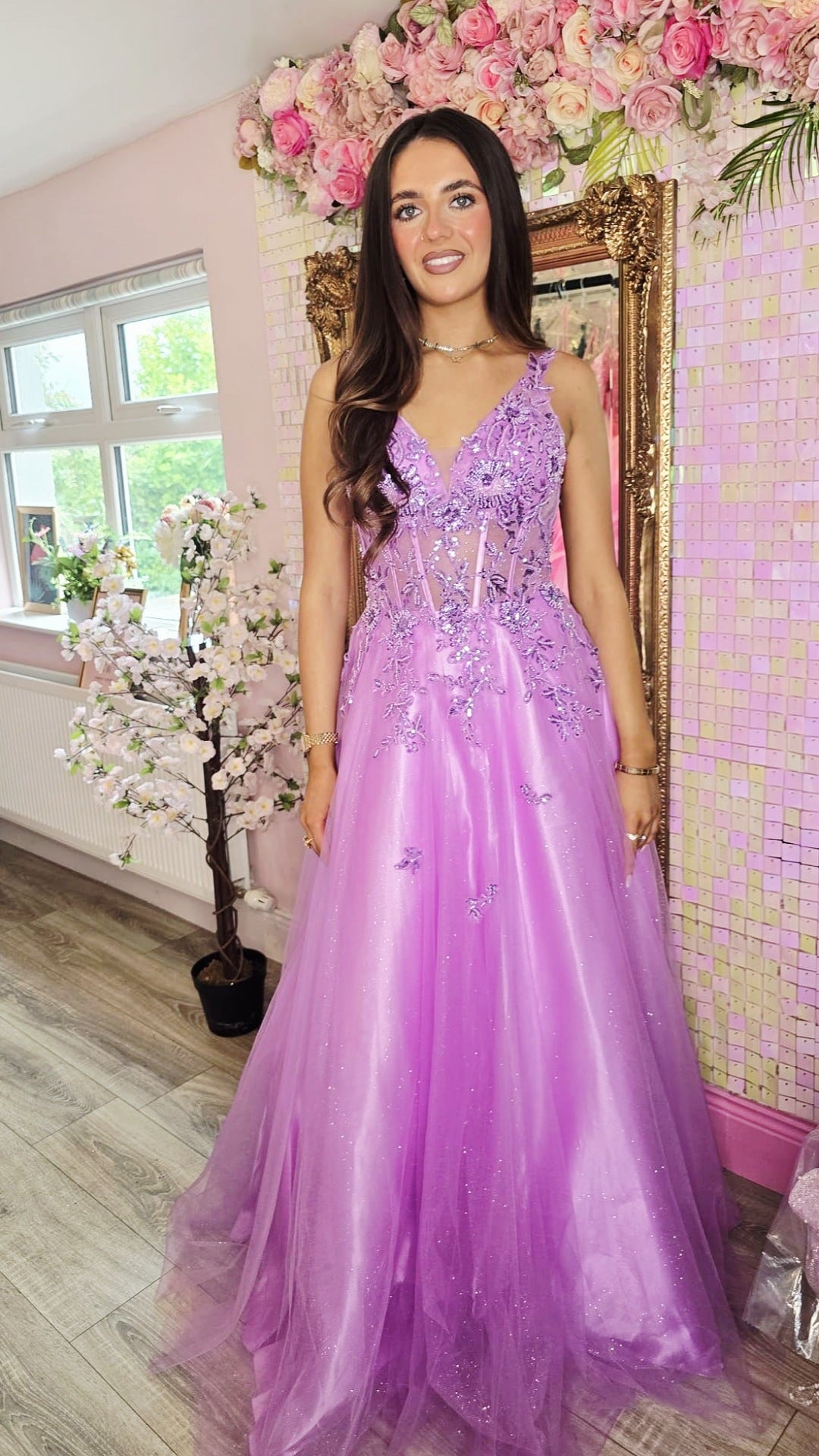 Hannah Purple Flower Detail Corset Sparkle Material Ballgown Formal Prom Dress