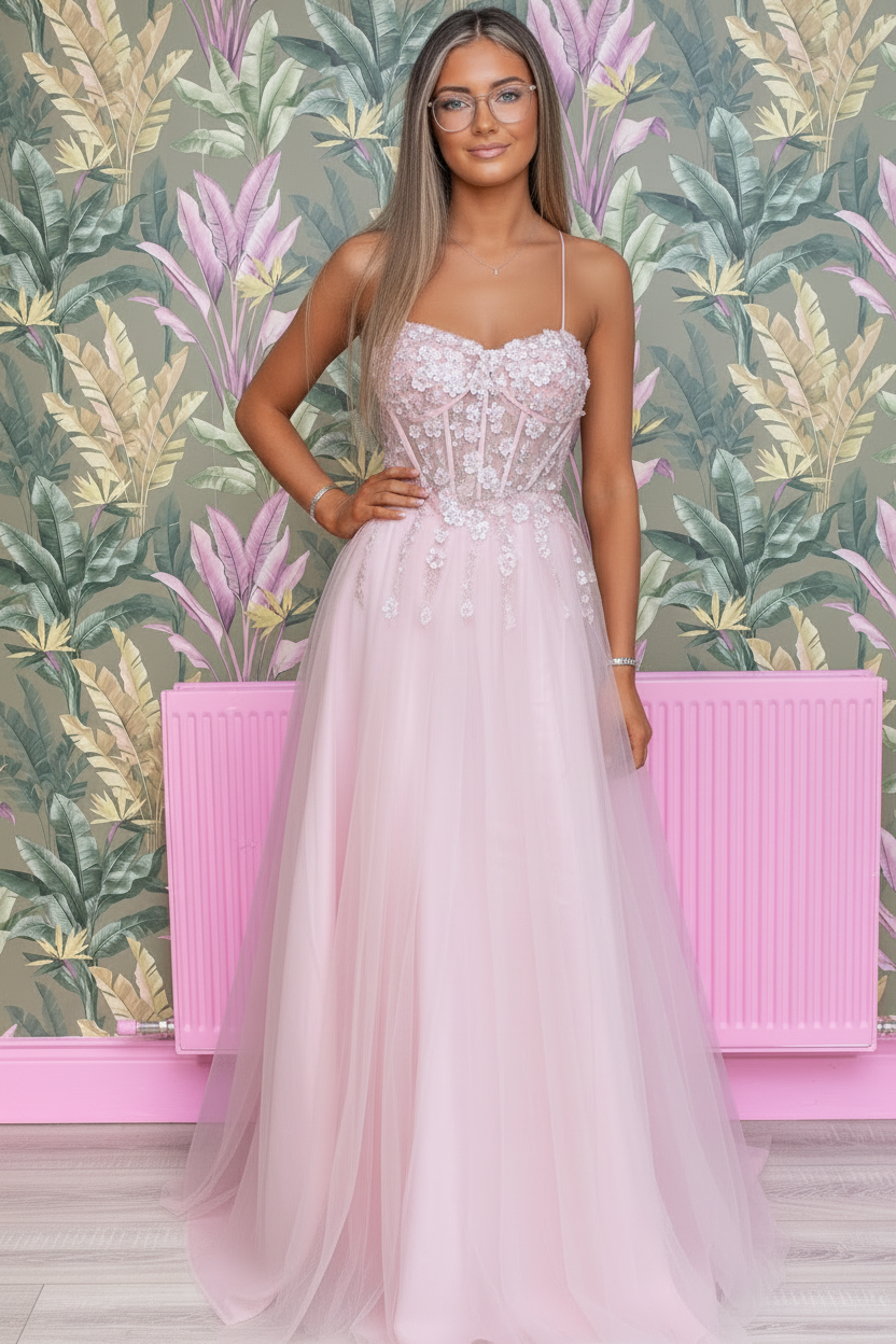 Layla Pink Skinny Strap Leg Split Flower Bodice Ballgown Formal Prom Dress Ball Gown