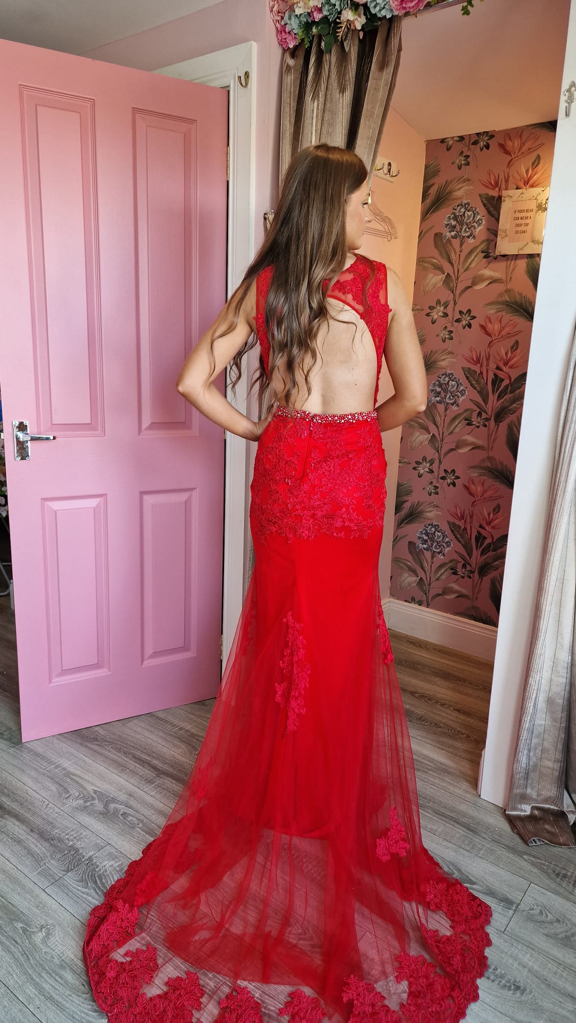 Evelyn Red High Neck Lace Detail Formal Prom Dress
