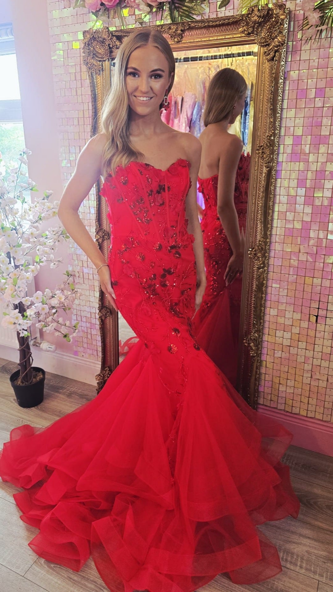 Bella Red Strapless Fitted Corset Fish Tail Formal Prom Dress