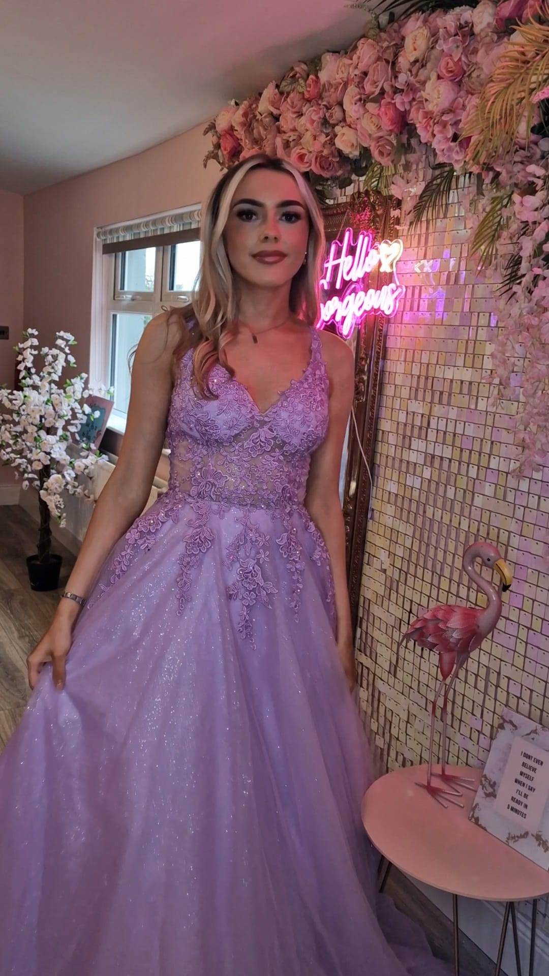 Brooklyn Lilac V Neck Laced Detail Bodice Ball Gown Formal Prom Dress