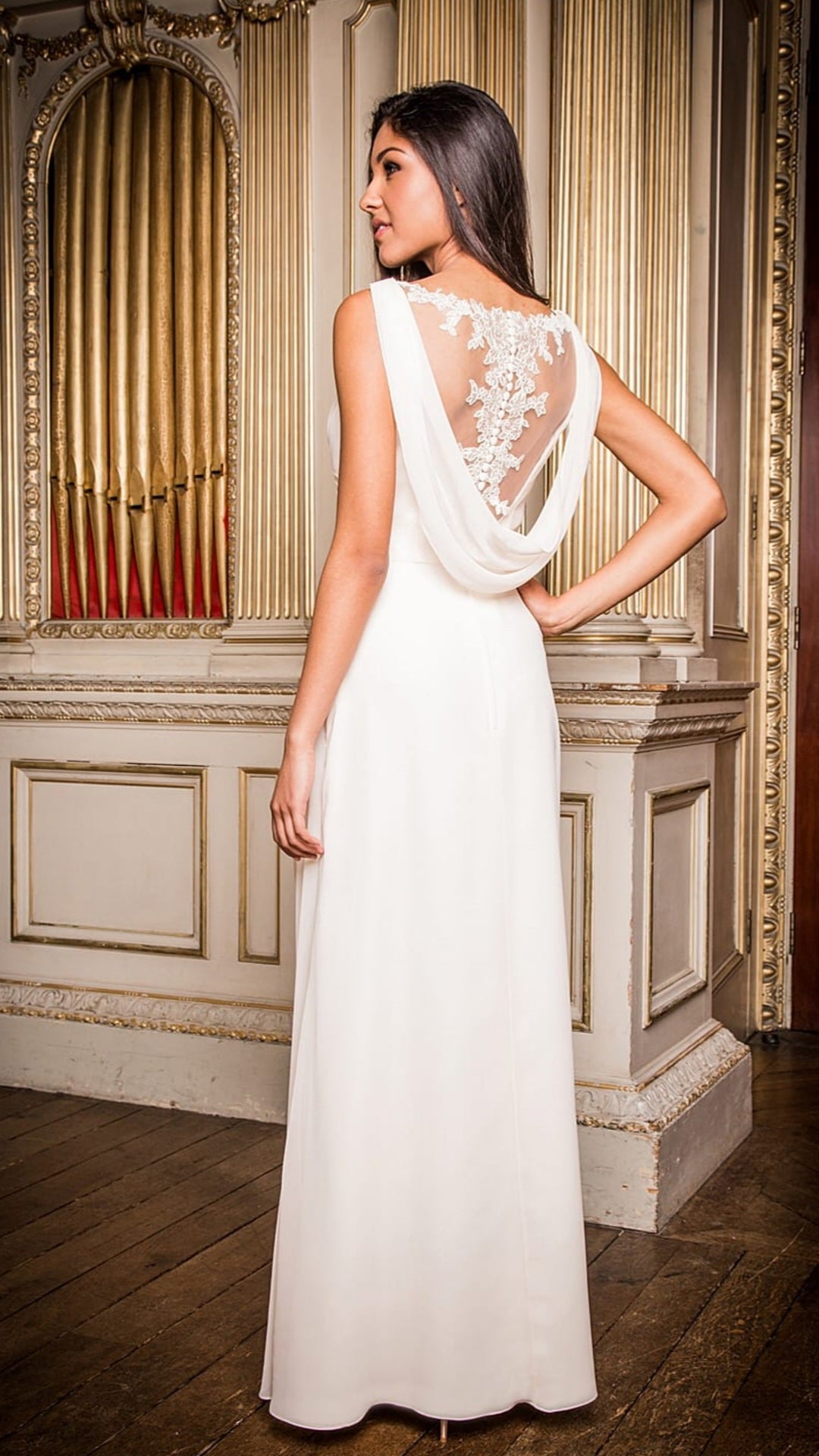 Della Ivory Ruched Waist Cowl Back Laced Button Up Back Bridesmaids Dress