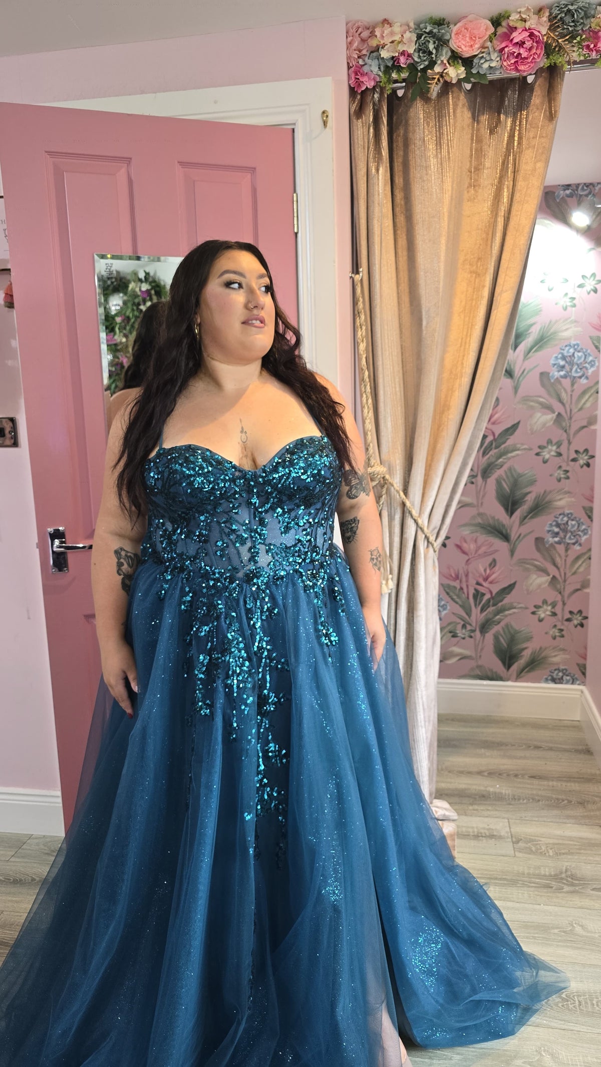 Lia Teal Blue Sparkling Sequined Embroidery Bodice And Tulle Skirt Ballgown Formal Prom Dress Ball Gown