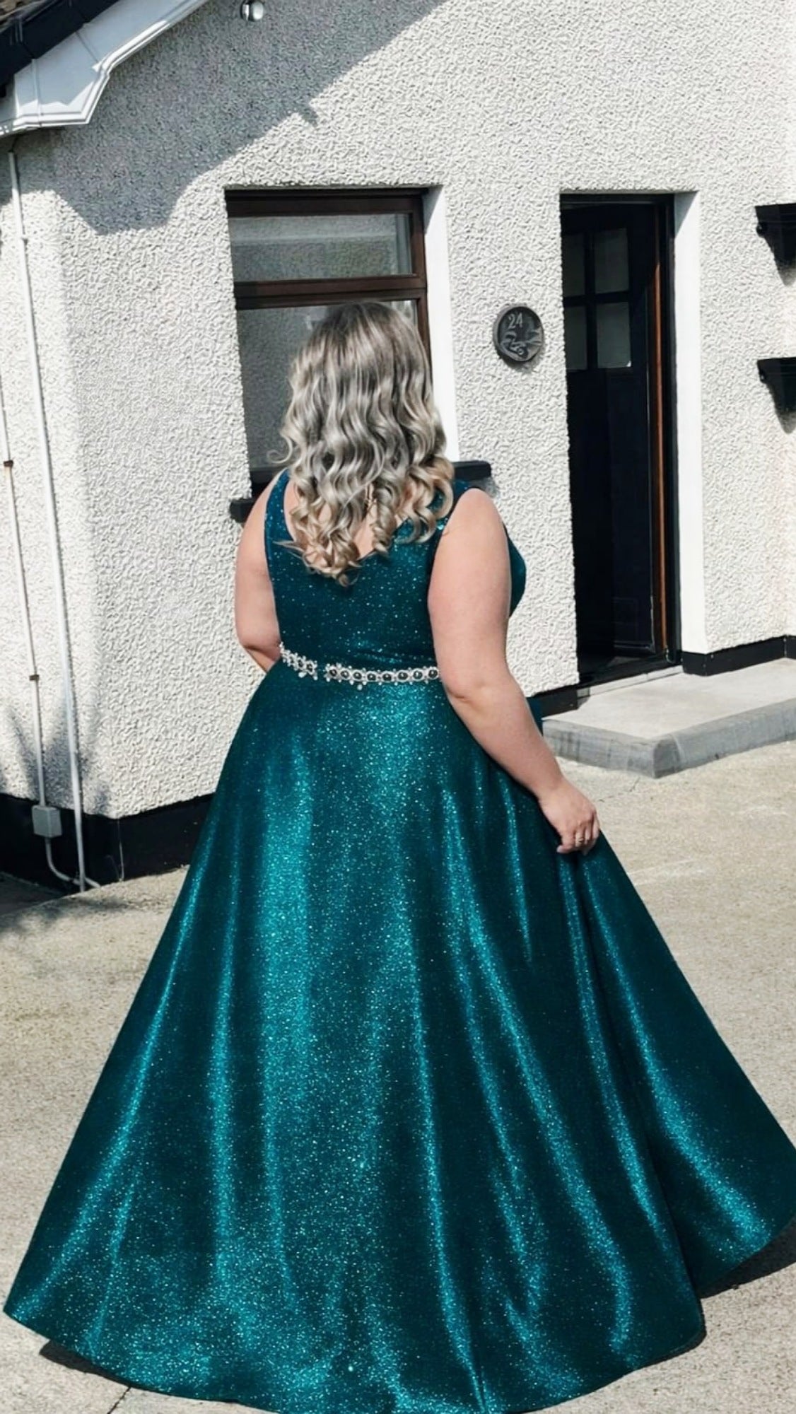 Leona Emerald Green Sparkle Glitter Plunge Neck Ball gown Formal Prom Dress