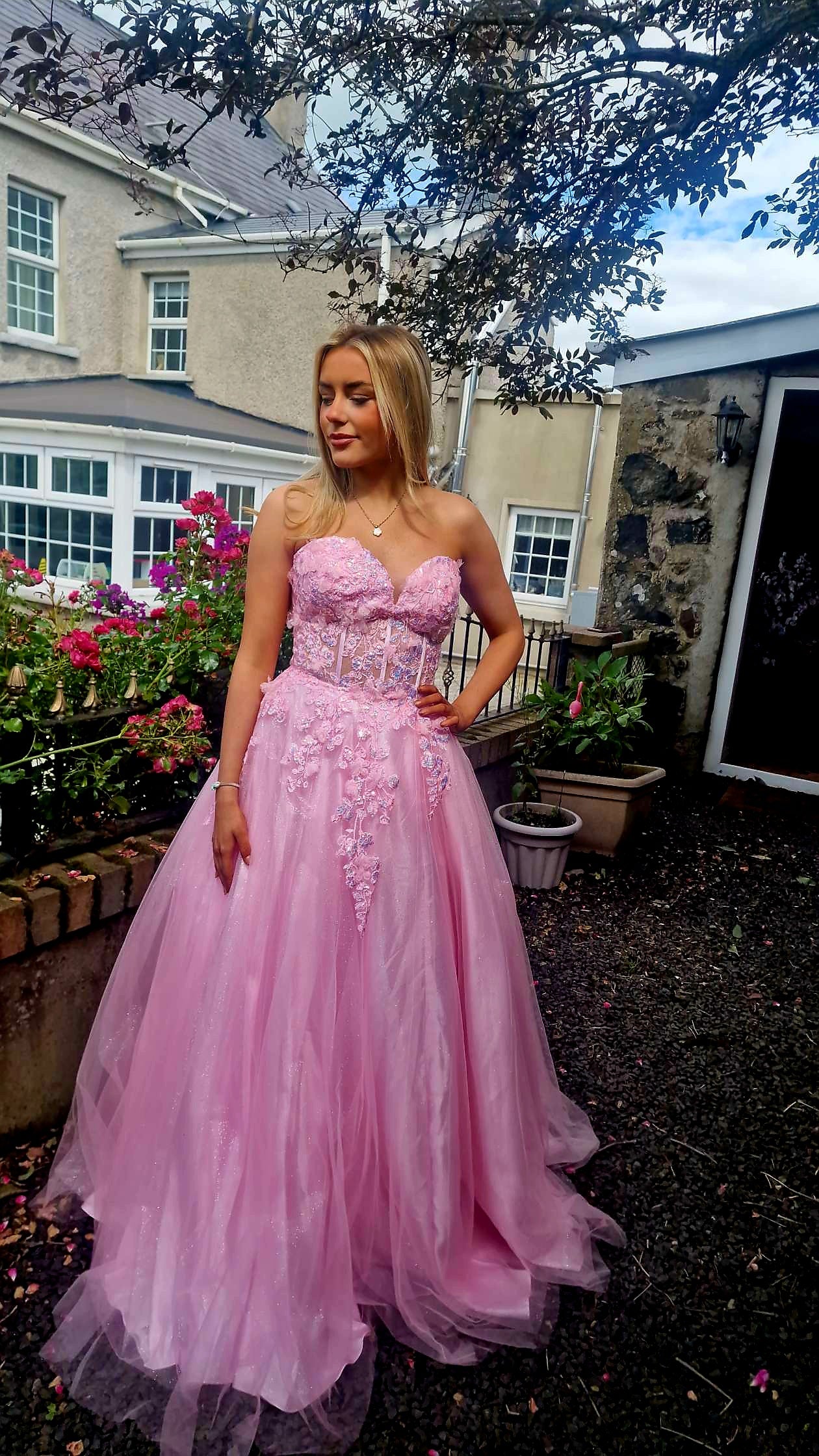 Ellen Baby Pink Strapless Flower Detail Ball Gown Formal Prom Dress