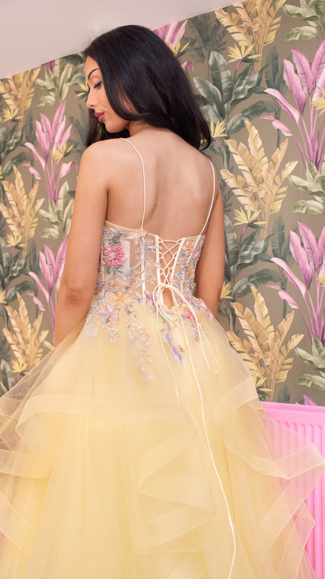 Quinella Yellow Flower Detail Skinny Strap Layered Ballgown Formal Prom Dress Ball Gown