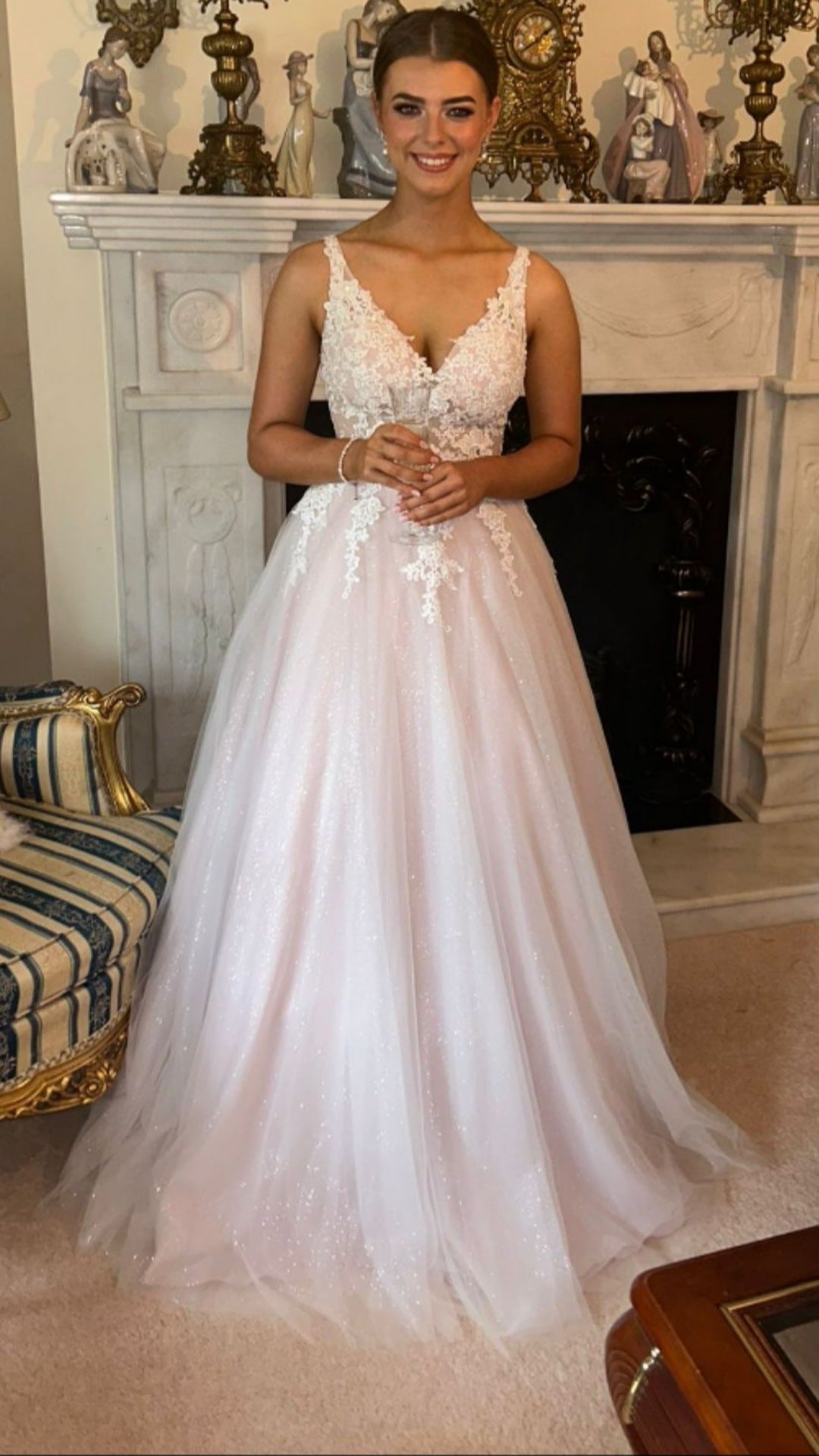 Brooklyn Blush Pink V Neck Laced Detail Bodice Ball Gown Formal Prom Dress
