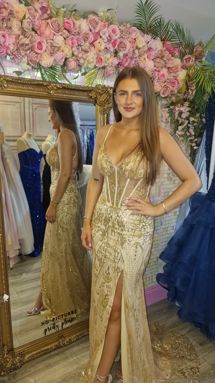 Eva Gold Glitter Fabric Mesh Corset Laced Up Back Formal Prom Dress