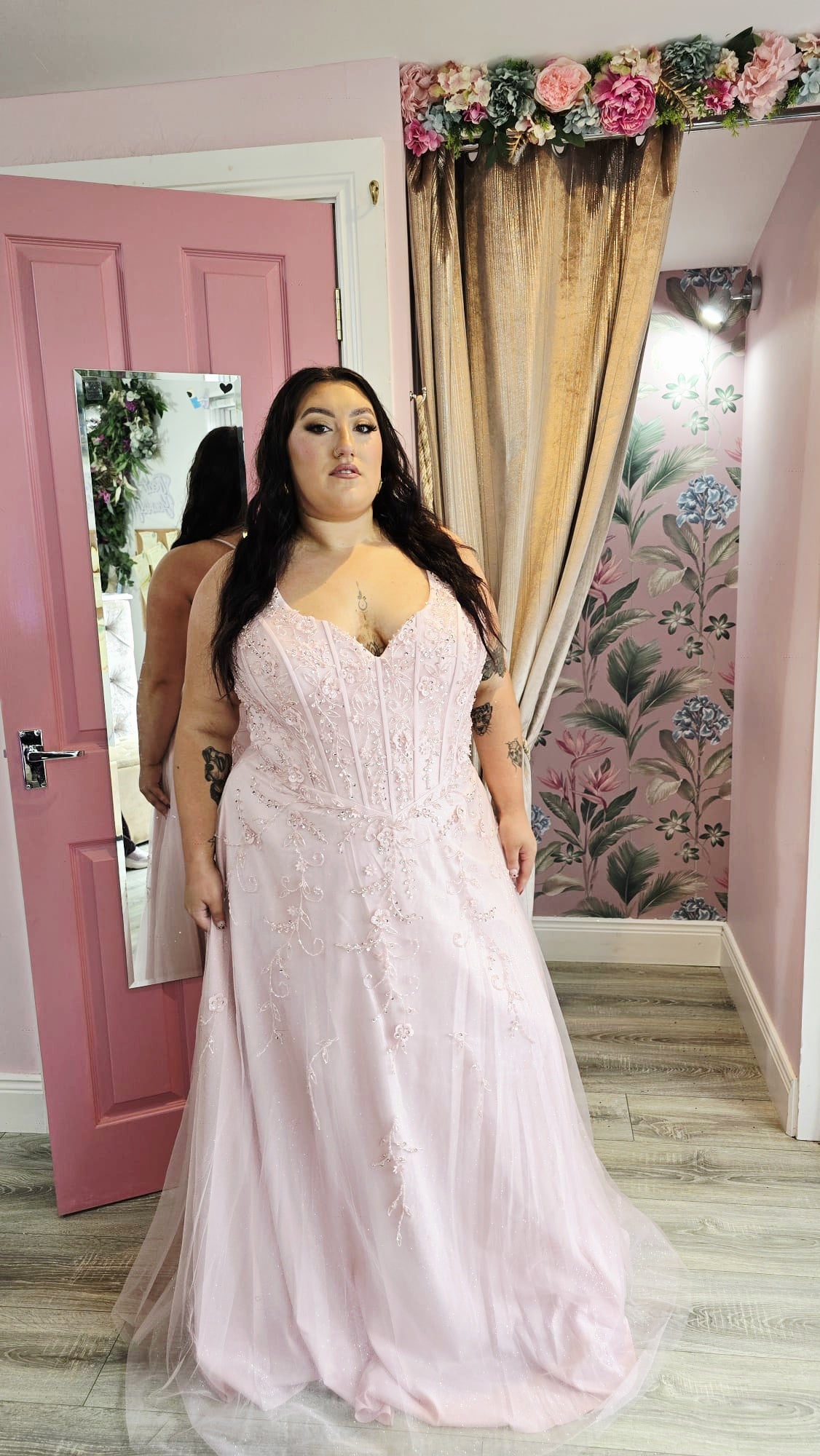Diana Pink Corset Bodice V-Neckline Beaded Skinny Straps Ballgown Formal Prom Dress Ball Gown