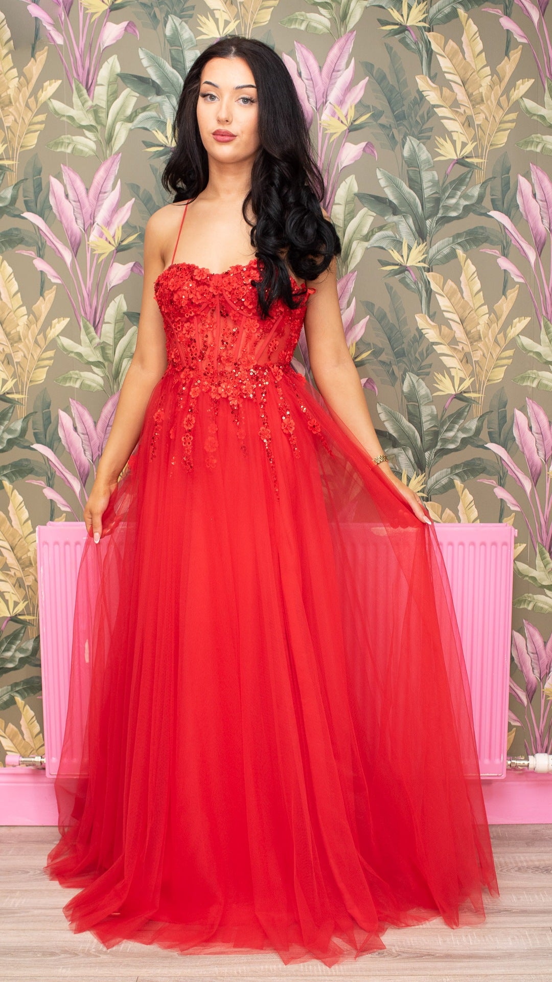 Layla Red Skinny Strap Leg Split Flower Bodice Ballgown Formal Prom Dress Ball Gown
