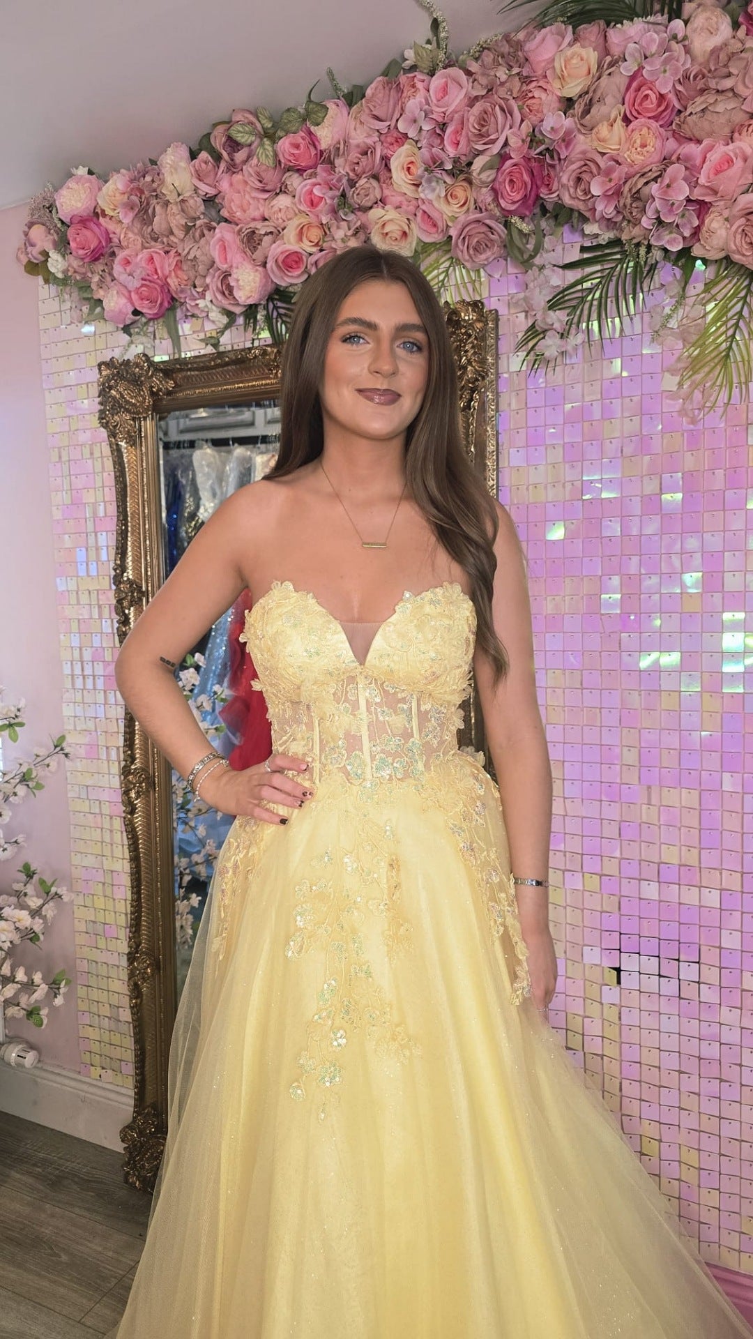 Ellen Lemon Strapless Flower Detail Ball Gown Formal Prom Dress