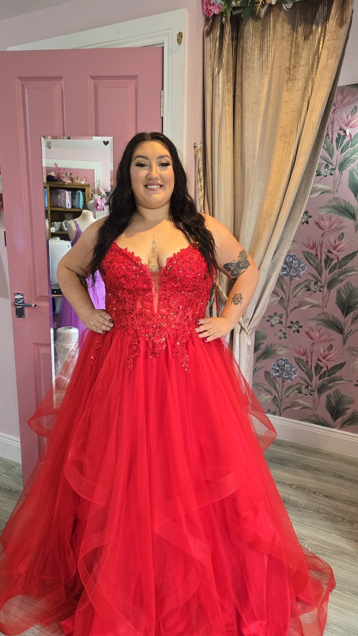 Trinity Red Laced Embellished Bodice Layered Tulle Skirt Ballgown Formal Prom Dress Ball Gown