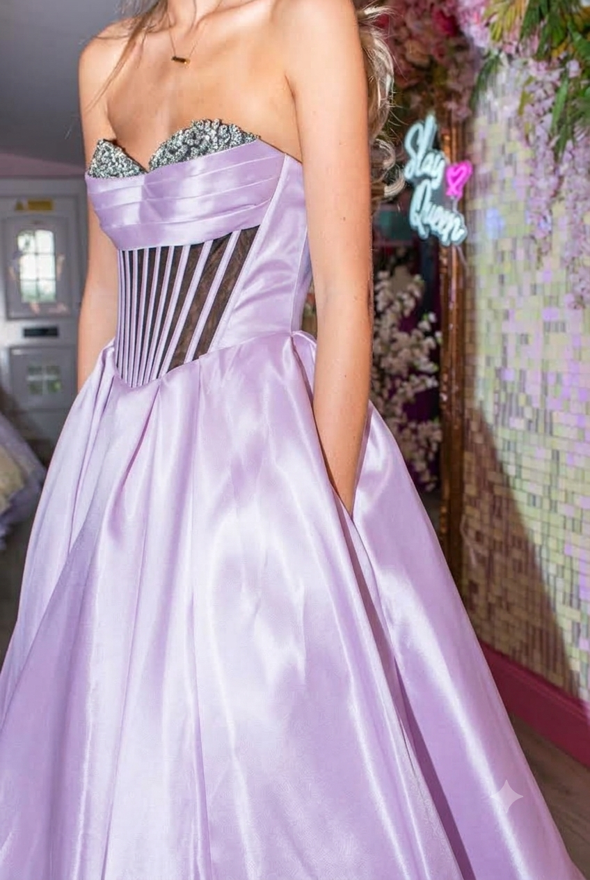 Immie Lilac Satin Strapless Sheer Corset Style Bodice Formal Prom Dress