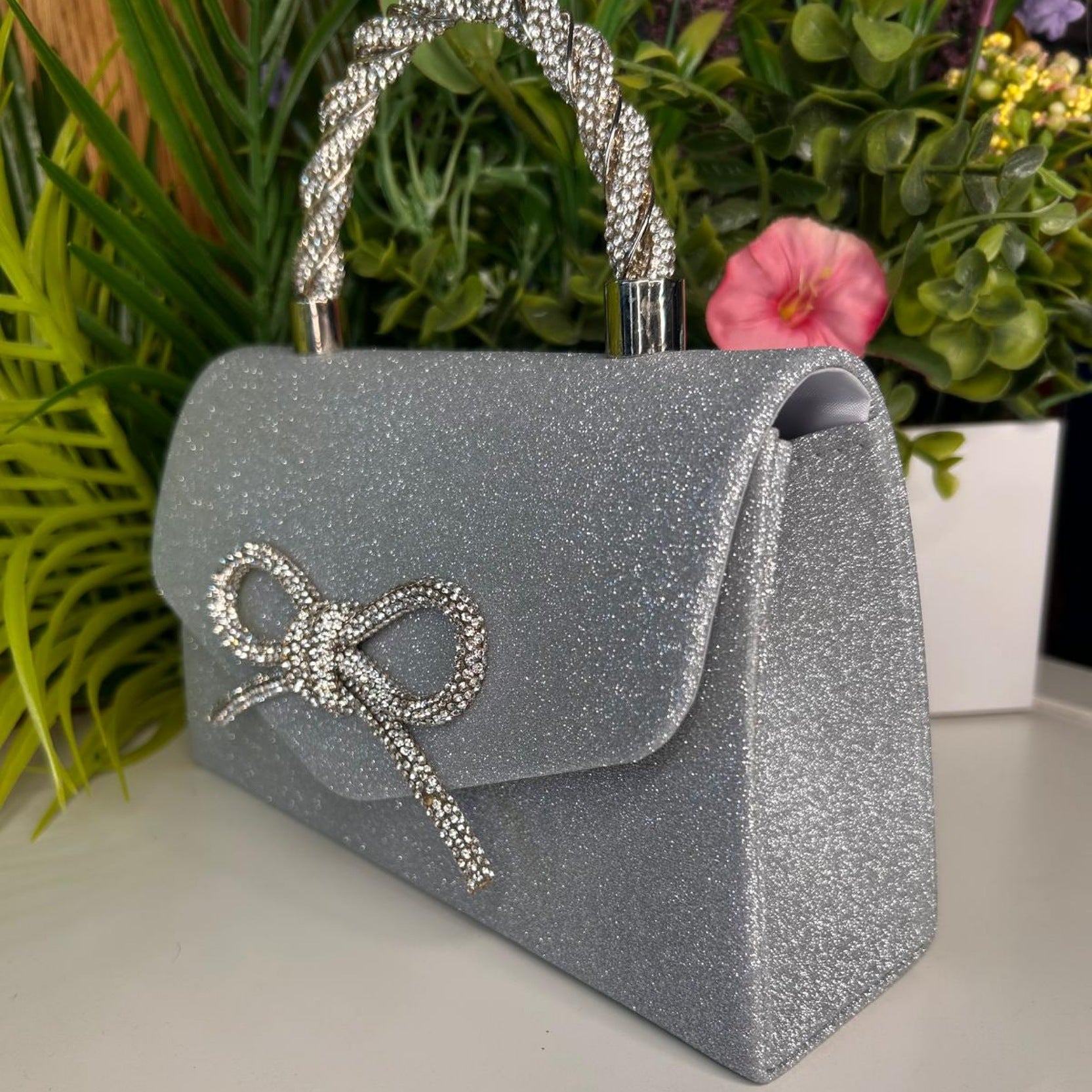 Eva Silver Crystal Bow Detail Clutch Handbag