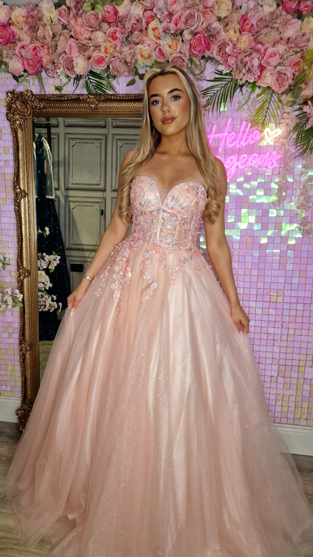 Ellen Baby Pink Strapless Flower Detail Ball Gown Formal Prom Dress