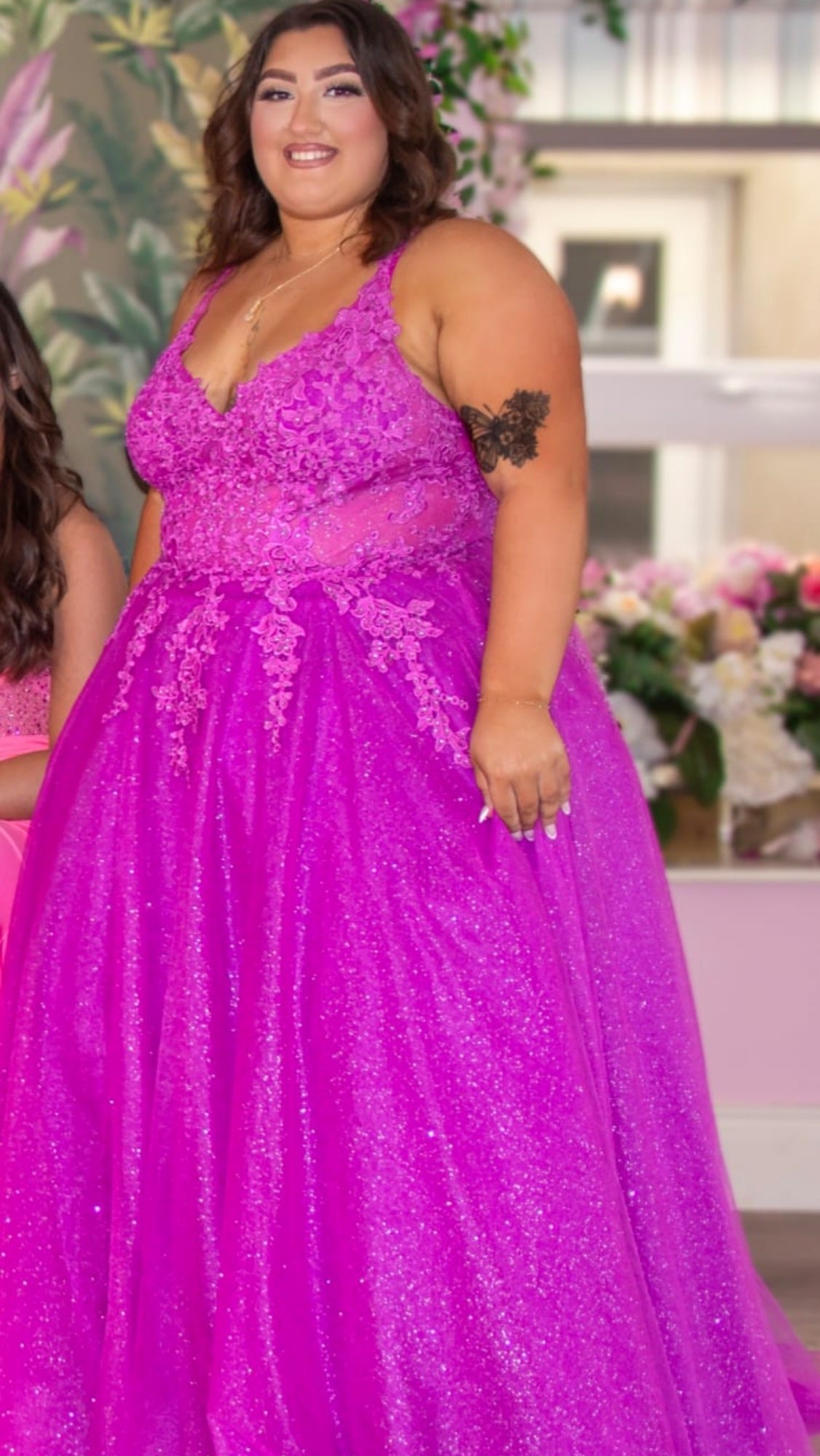 Brooklyn Magenta Pink Purple V Neck Laced Detail Bodice Ball Gown Formal Prom Dress