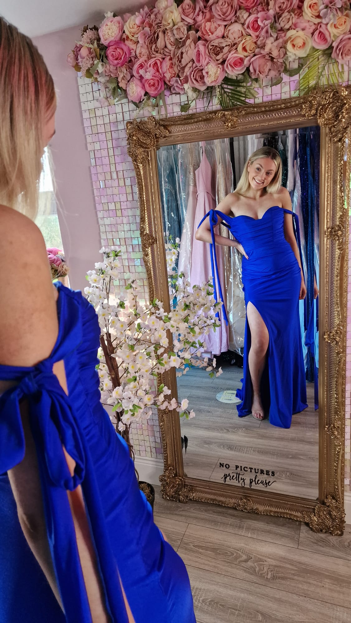 Lillian Blue Off The Shoulder Tied Straps Leg Split Formal Prom Dress