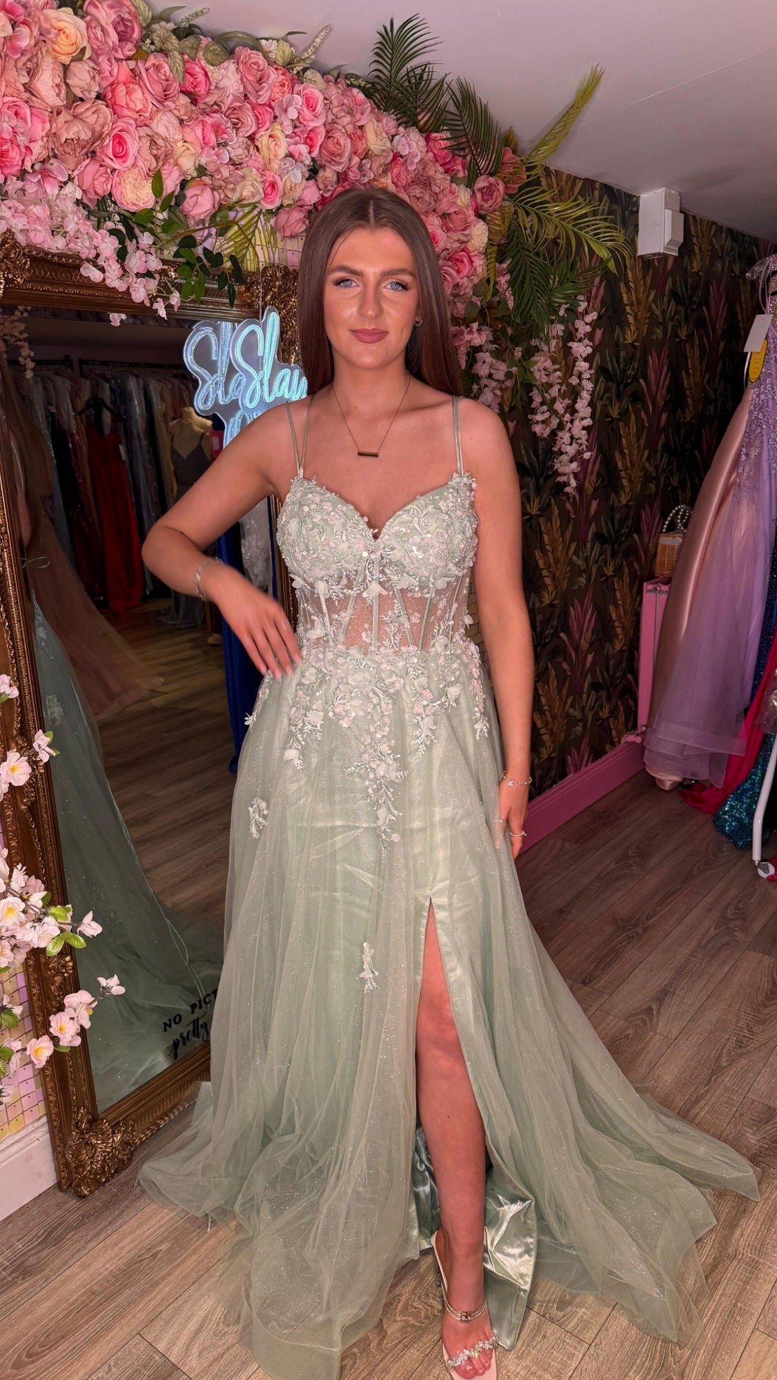 Orla Sage Green Sparkle Flower Detail Ballgown Formal Prom Dress Ball gown