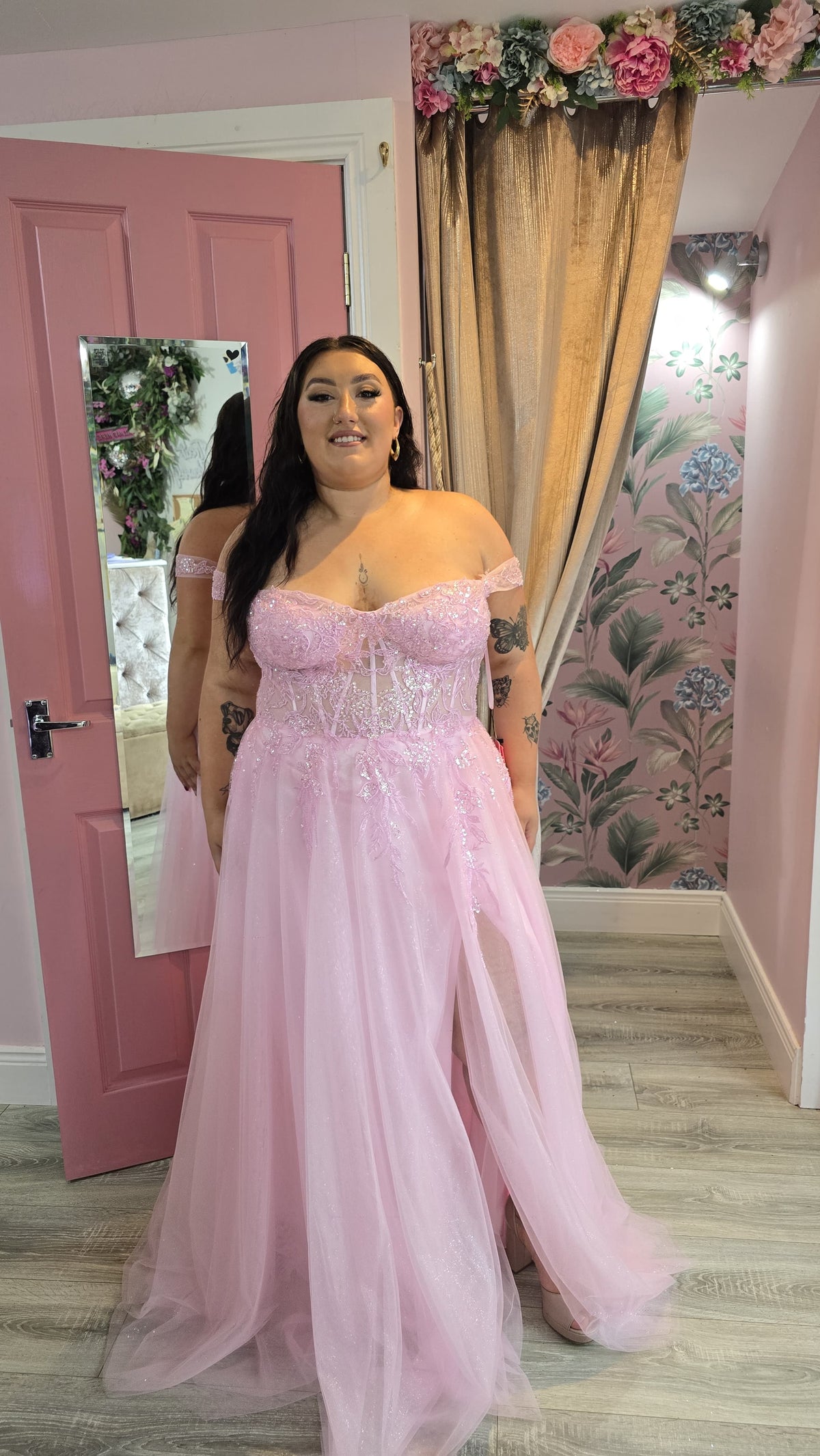 Isla Pink Off The Shoulder Strap Fitted Embellished Bodice Ballgown Formal Prom Dress Ball Gown