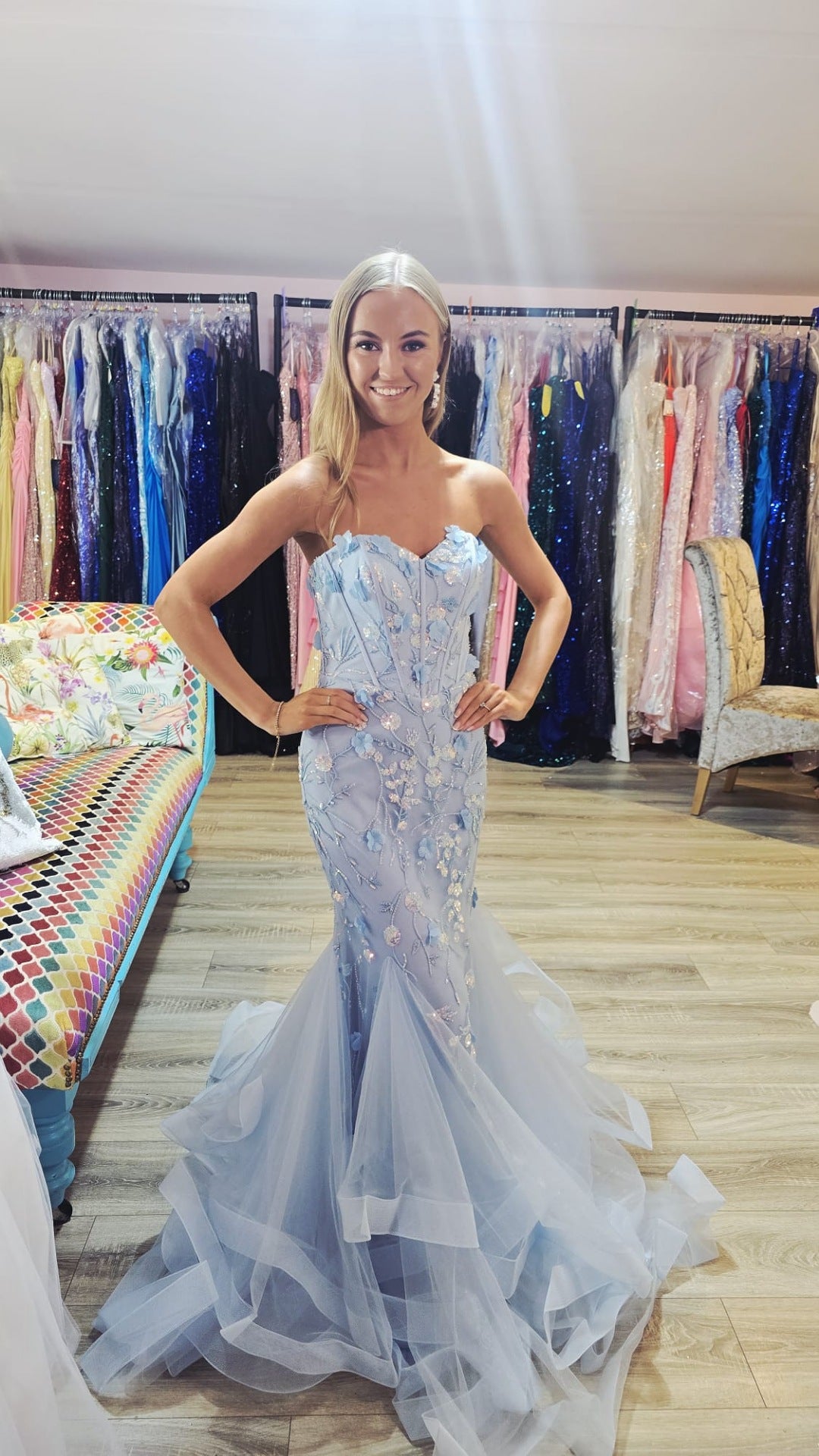 Bella Pale Baby Blue Strapless Fitted Corset Fish Tail Formal Prom Dress