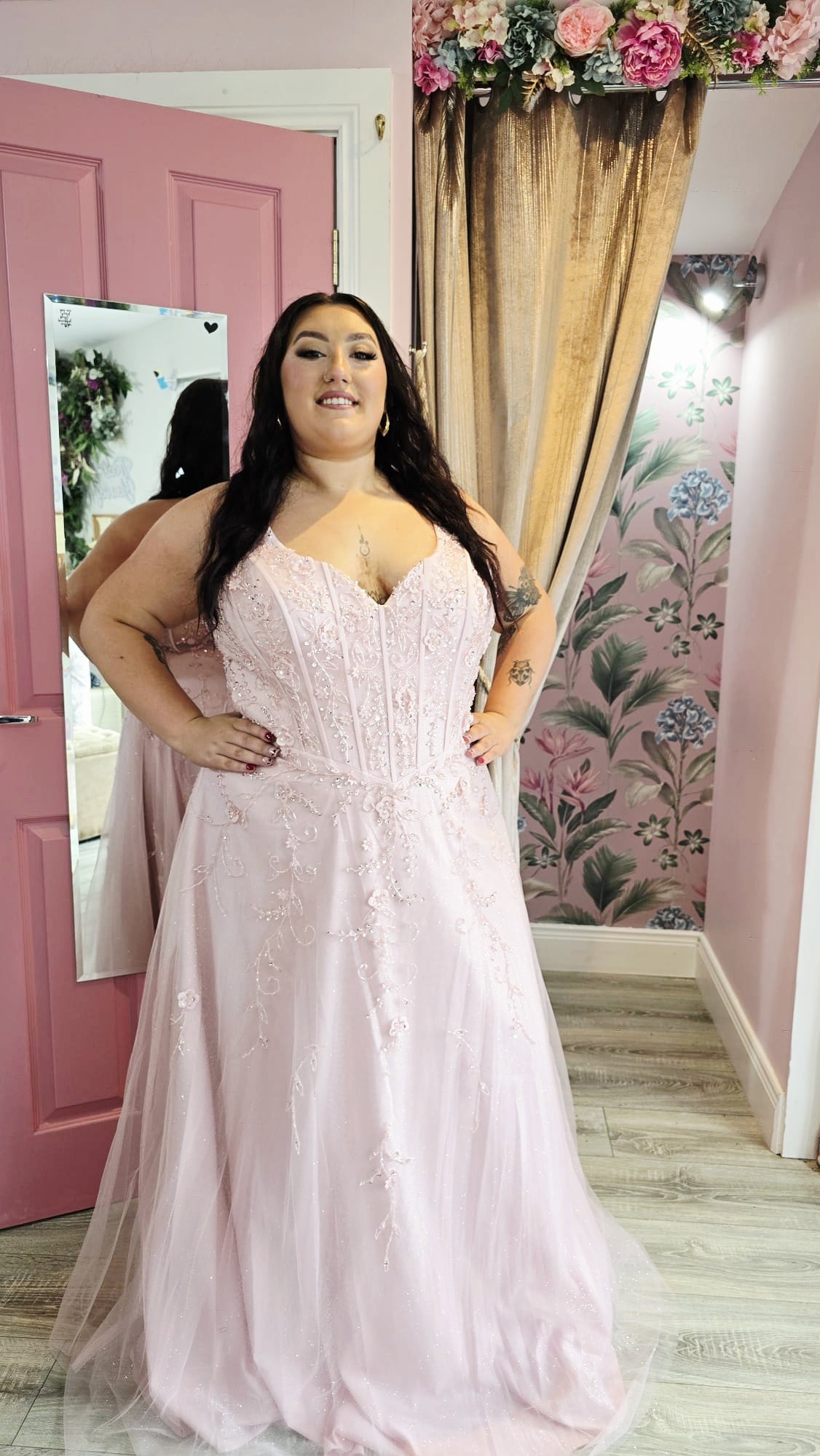Diana Pink Corset Bodice V-Neckline Beaded Skinny Straps Ballgown Formal Prom Dress Ball Gown