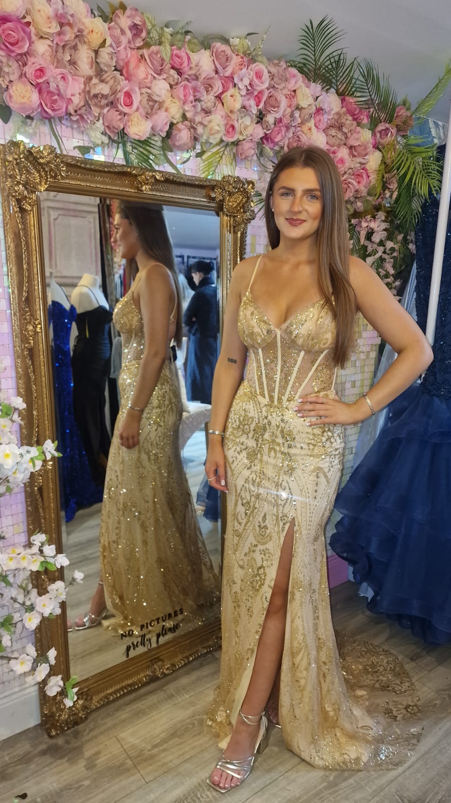 Eva Gold Glitter Fabric Mesh Corset Laced Up Back Formal Prom Dress