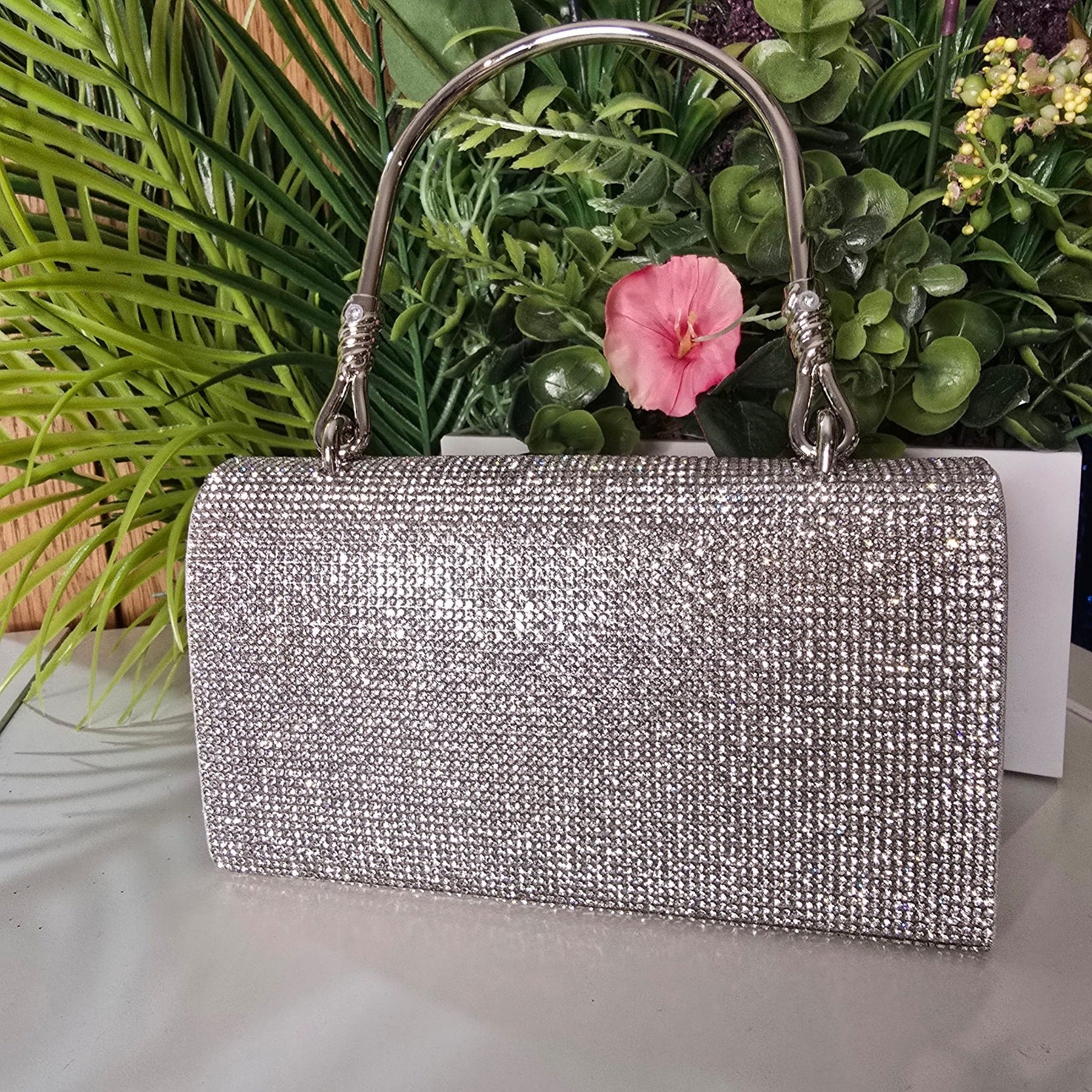 Clara Silver Rhinestone Bow Clutch Handbag