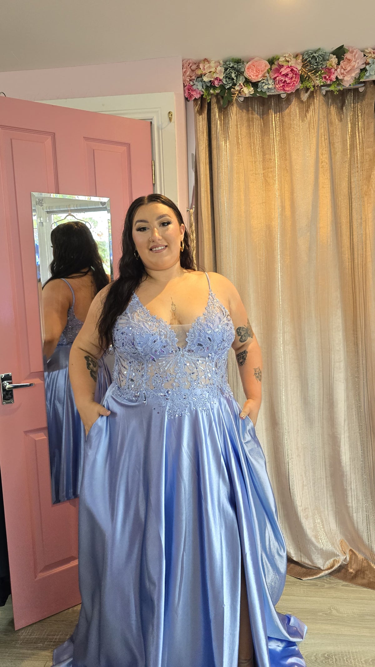 Saylor Blue Beaded Lace Bodice Ballgown Formal Prom Dress Ball Gown
