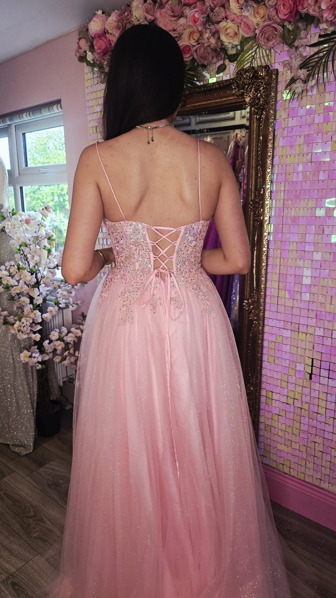 Cliona Baby Pink Leg Split Mesh Insert Laced Up Back Ballgown Formal Prom Dress