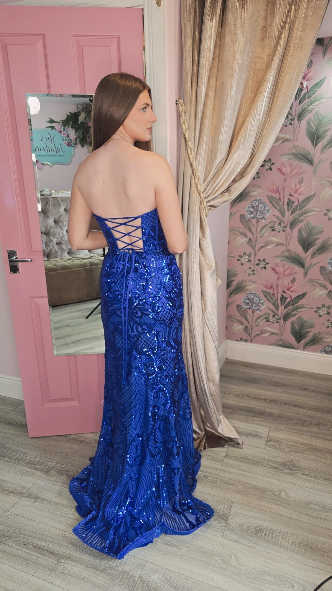 Emma New 2026 Version Blue Sequin Glitter Laced Back Formal Prom Dress