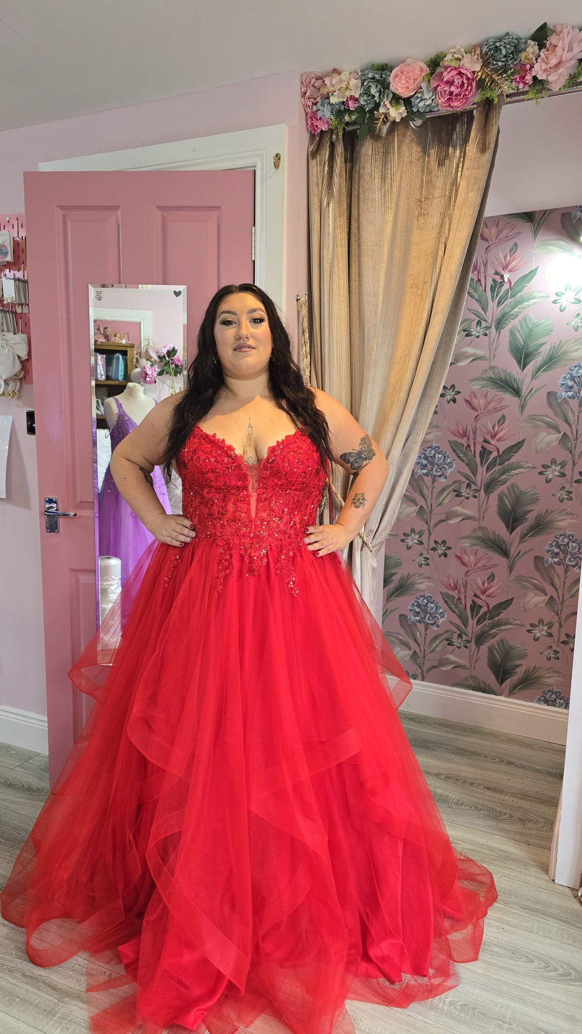Trinity Red Laced Embellished Bodice Layered Tulle Skirt Ballgown Formal Prom Dress Ball Gown