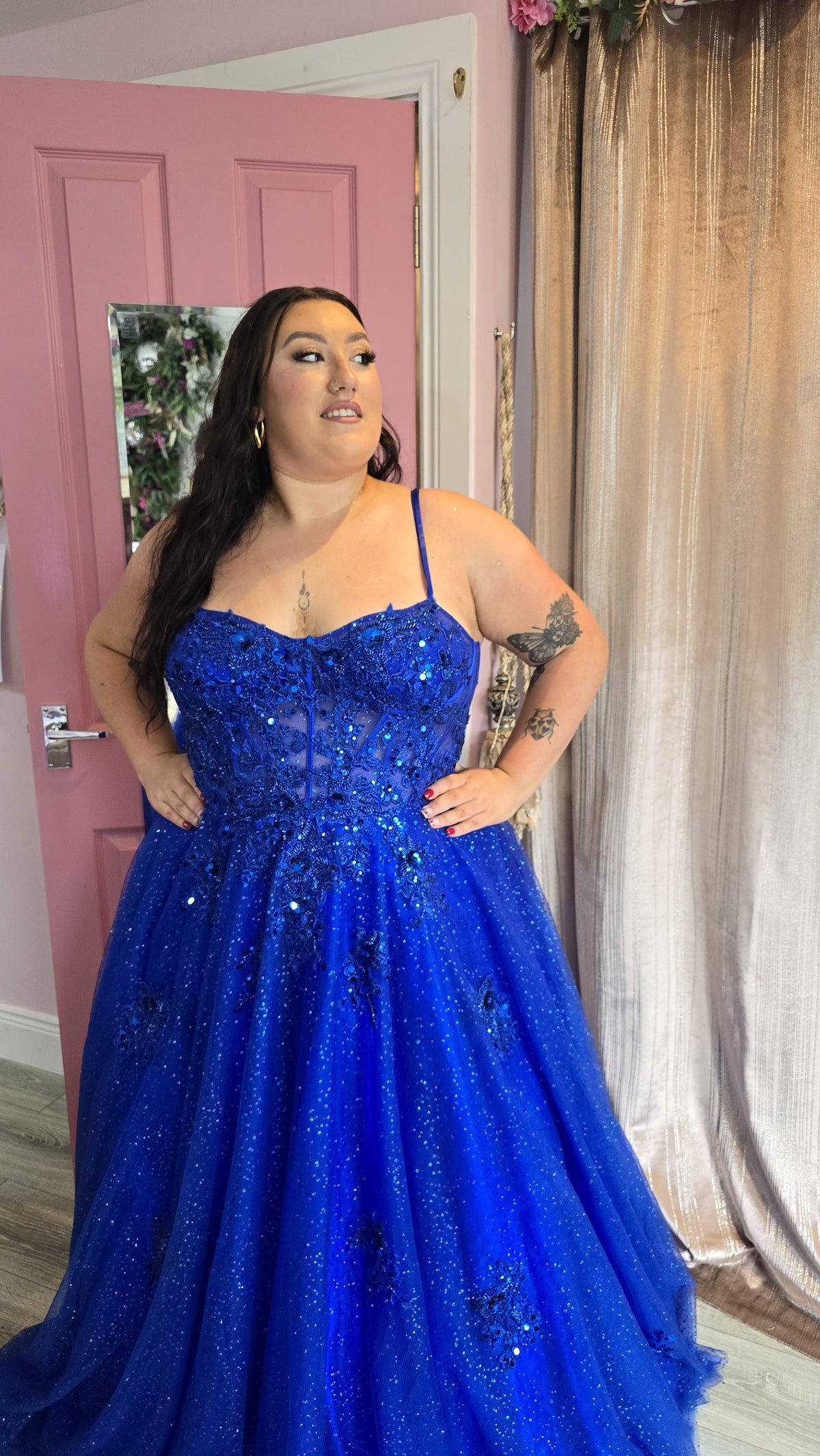 Blake Blue Laced Back Flower Detail Corset Ballgown Formal Prom Dress Ball Gown