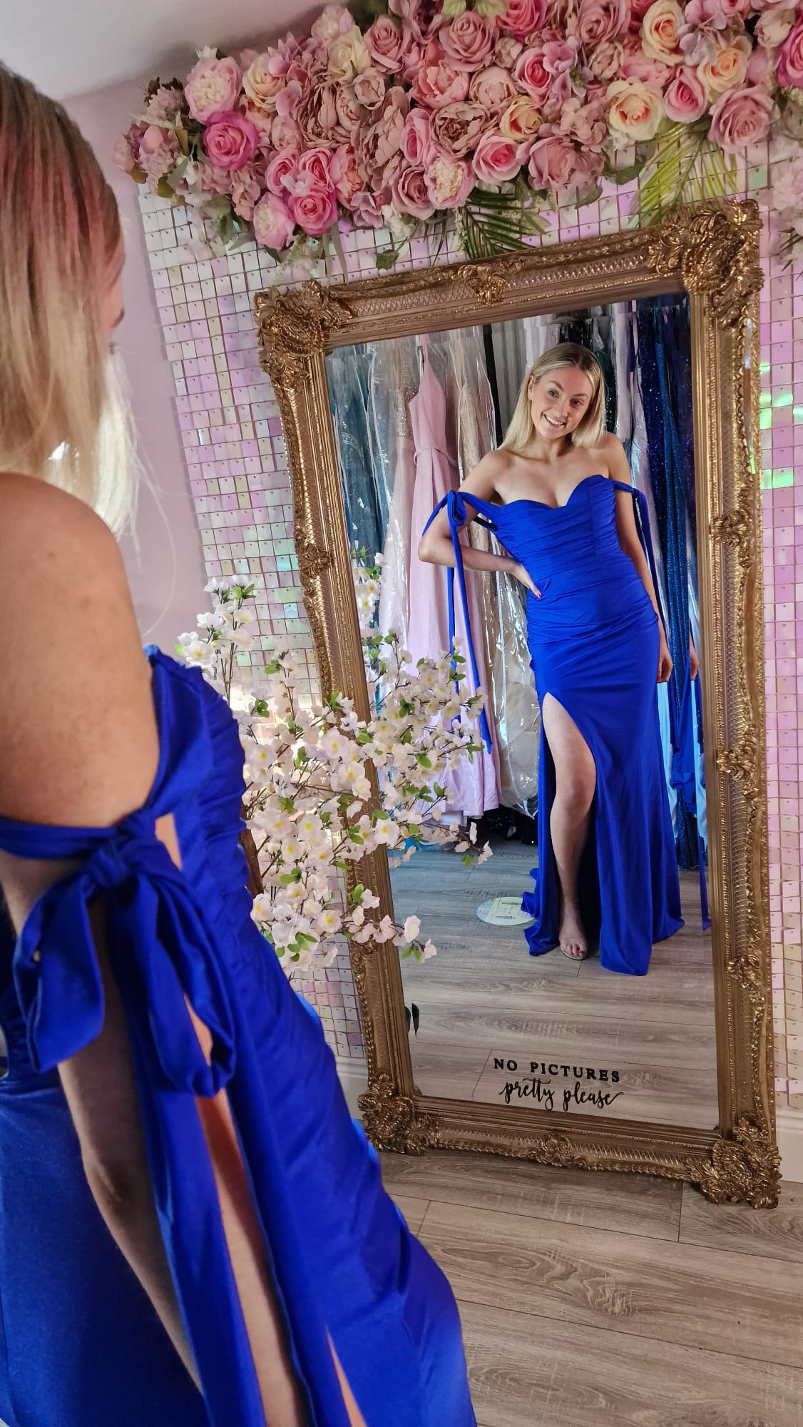 Lillian Blue Off The Shoulder Tied Straps Leg Split Formal Prom Dress