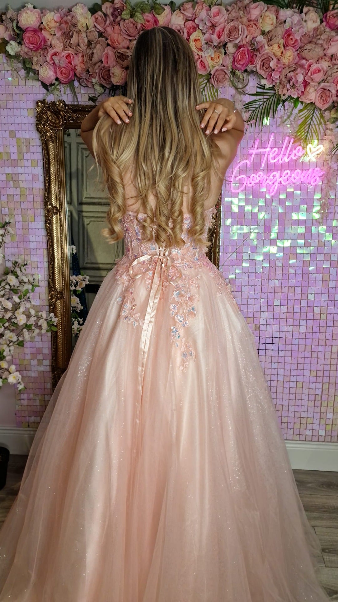 Ellen Baby Pink Strapless Flower Detail Ball Gown Formal Prom Dress