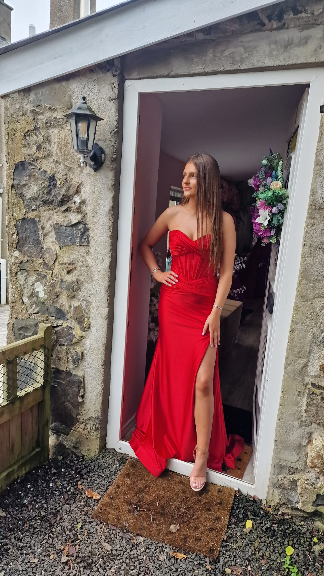 Aisha Red Satin Ruched Corset Strapless Side Legsplit Formal Prom Dress