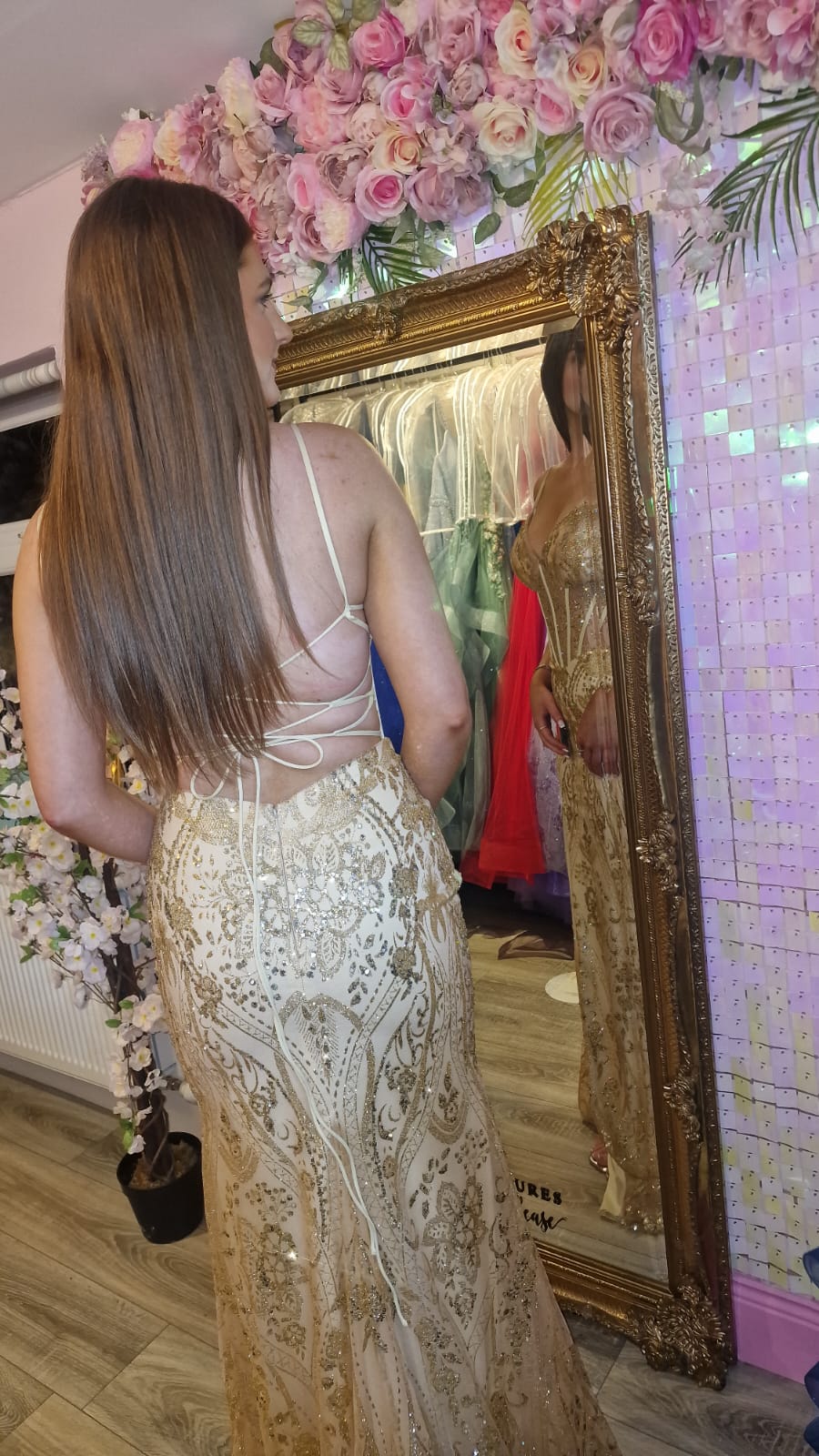 Eva Gold Glitter Fabric Mesh Corset Laced Up Back Formal Prom Dress