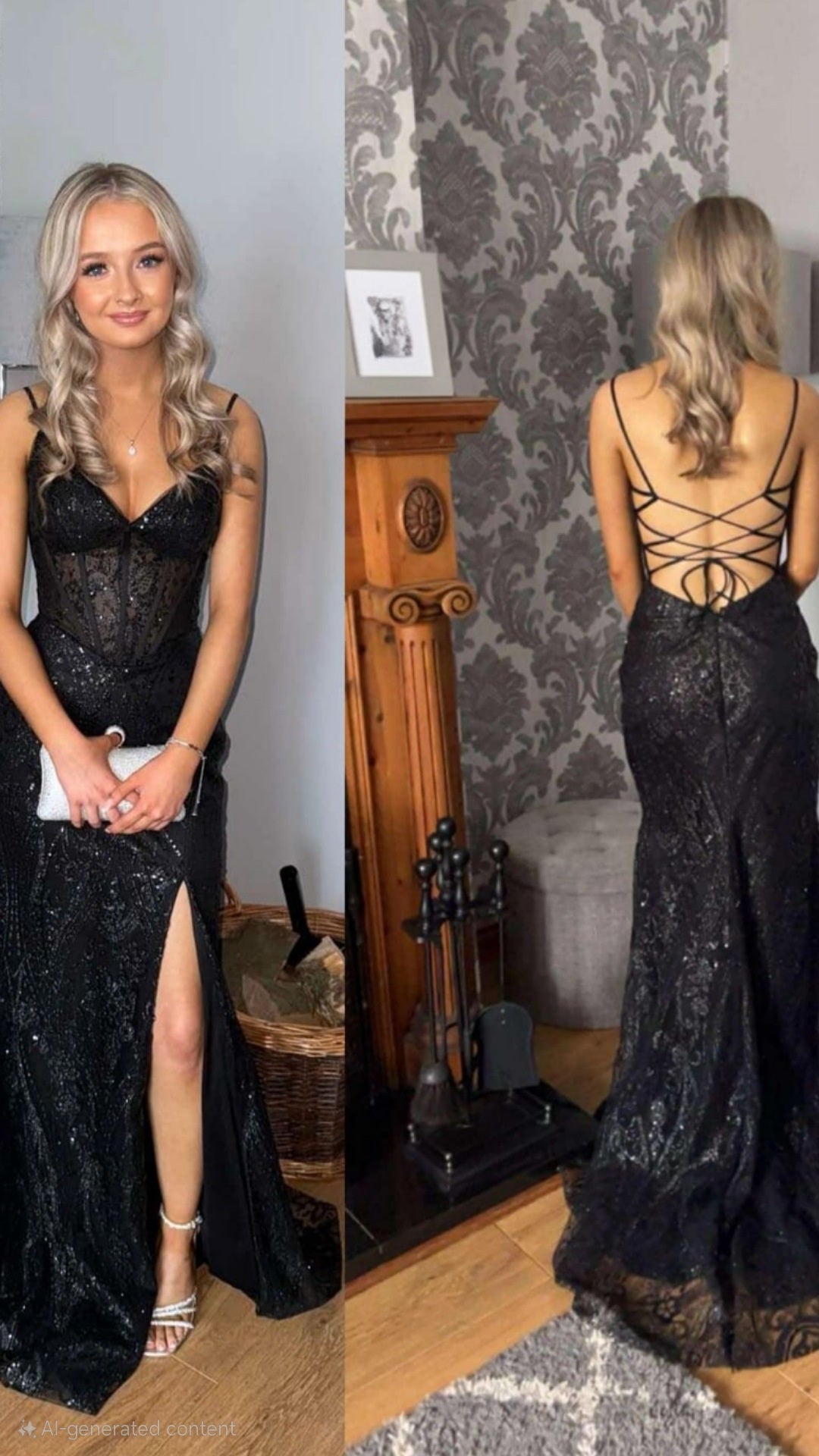 Eva Black Glitter Fabric Mesh Corset Laced Up Back Formal Prom Dress