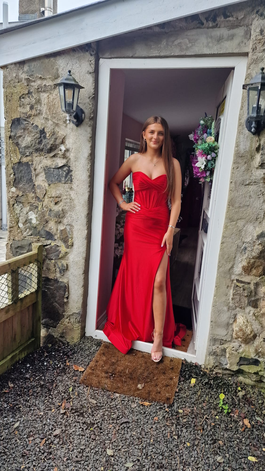 Aisha Red Satin Ruched Corset Strapless Side Legsplit Formal Prom Dress