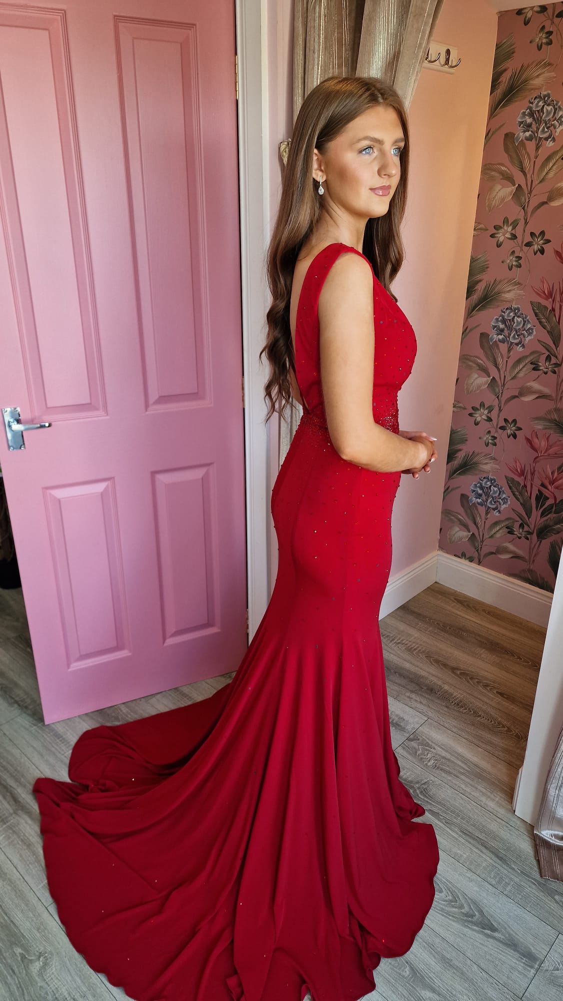 Mila Red V Neck With Mesh Insert Embellished Front Formal Prom Dress