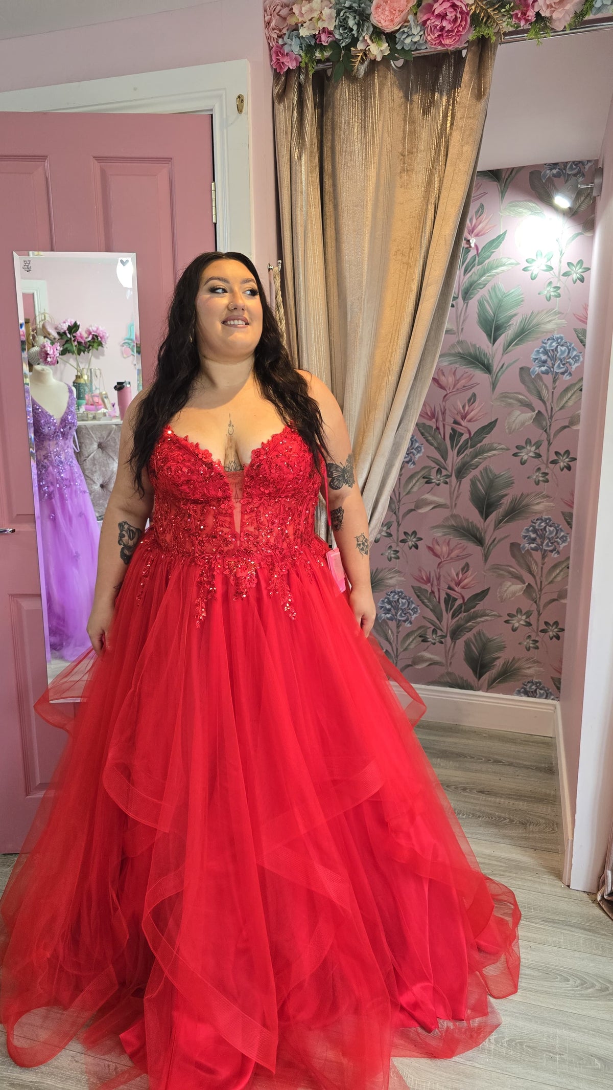 Trinity Red Laced Embellished Bodice Layered Tulle Skirt Ballgown Formal Prom Dress Ball Gown